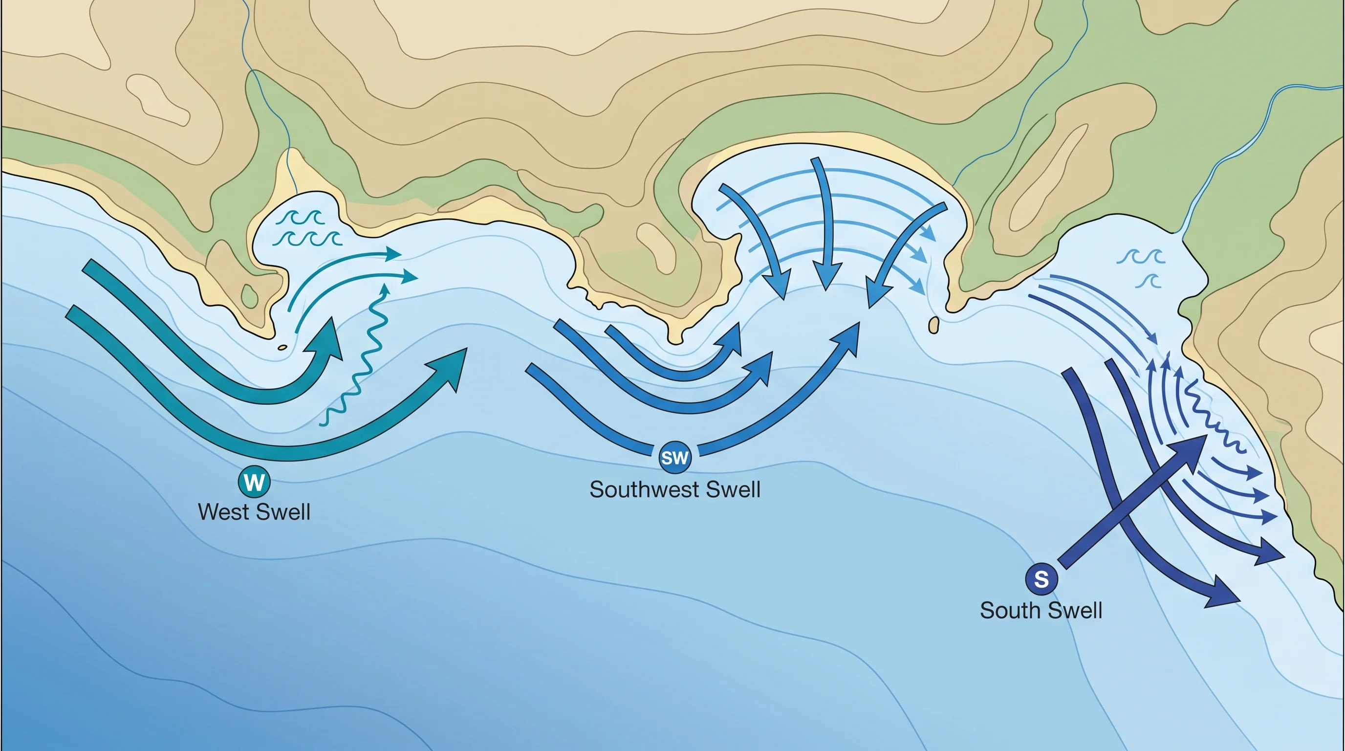 An overhead Malibu coastline diagram showing how west, south, and southwest swell refract, focus, or shelter around points, coves, and submarine contours