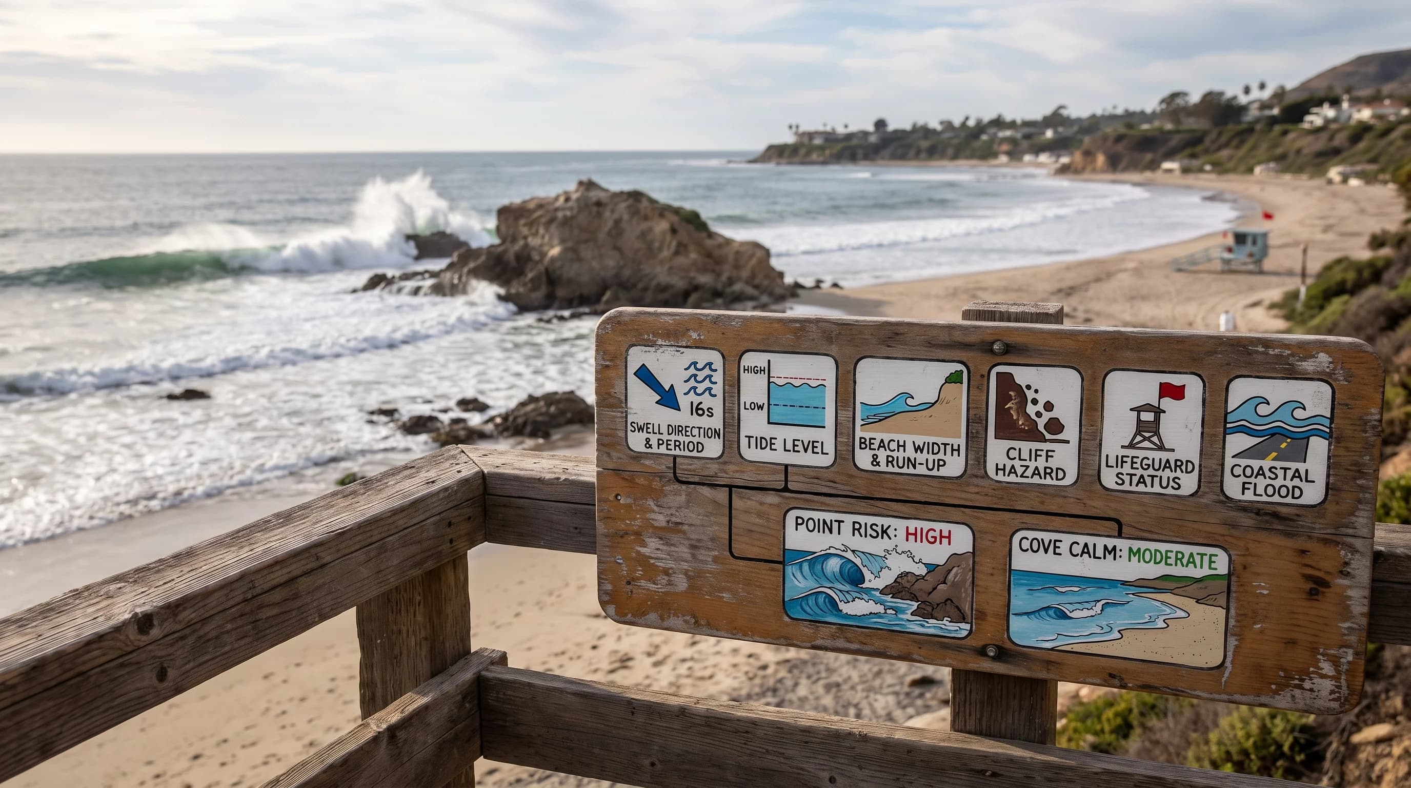 A visit-planning panel pairing swell direction, period, tide, run-up, beach width, cliff hazard, lifeguard status, and Coastal Flood products