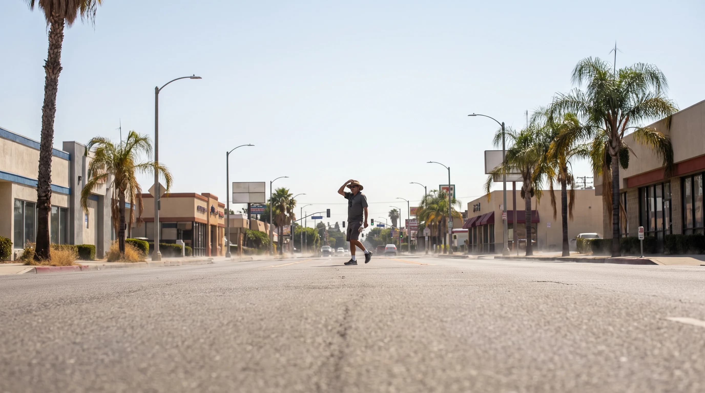 Heat shimmer rising from a wide San Fernando Valley boulevard on a blazing afternoon
