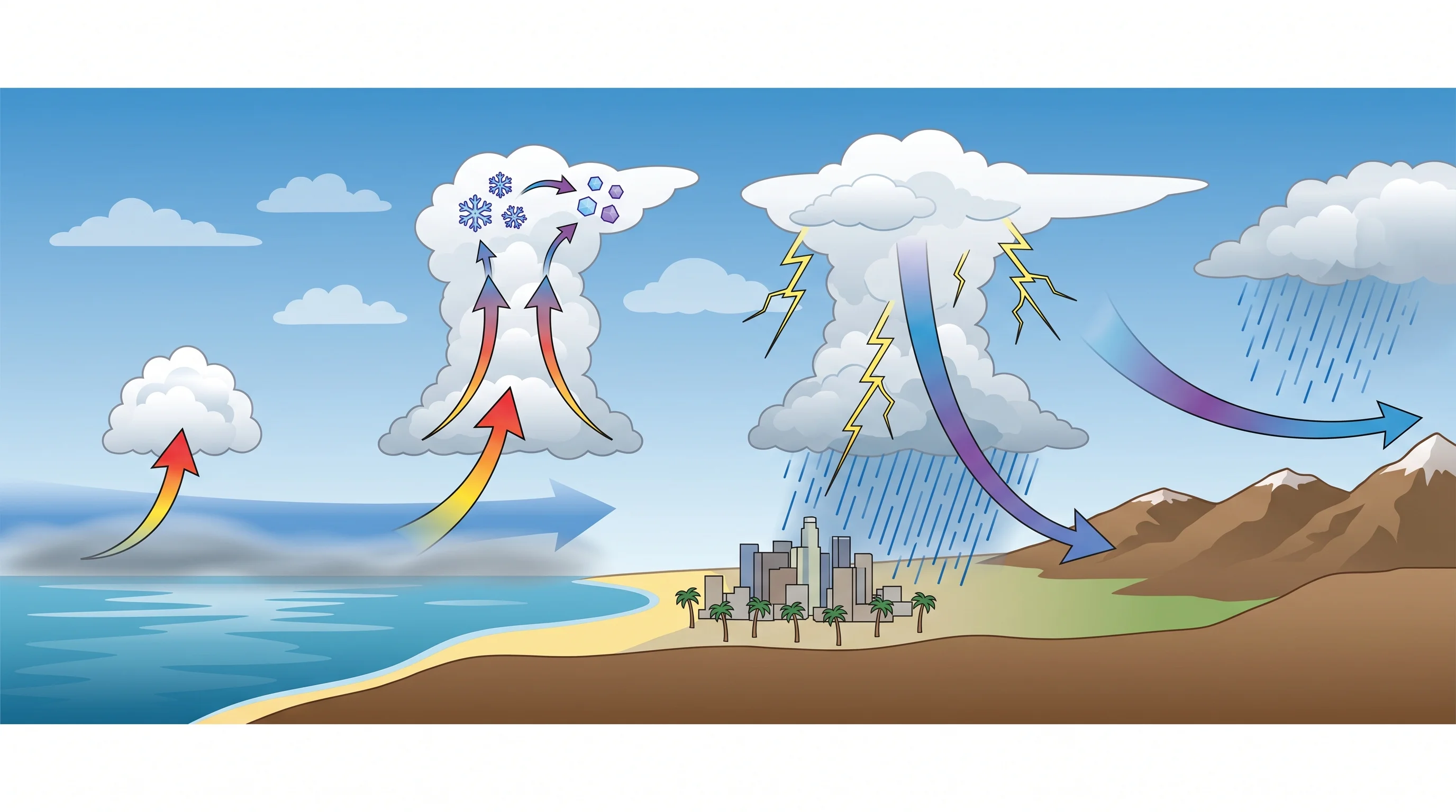 A lifecycle diagram of a thunderstorm showing a buoyant air parcel rising through cumulus growth, ice crystals and graupel colliding near the cloud top to separate charge, a mature stage with rain and a lightning strike, a downdraft spreading outward at the surface, and a final dissipating stage