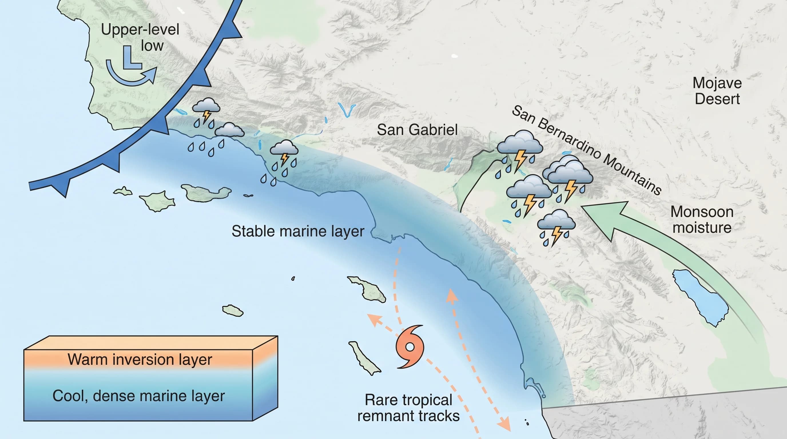 A seasonal Southern California map marking winter cold-front and upper-level-low storms reaching the coast, summer monsoon-fueled storms concentrated over the San Gabriel and San Bernardino Mountains and the deserts, and rare late-summer tropical remnant tracks