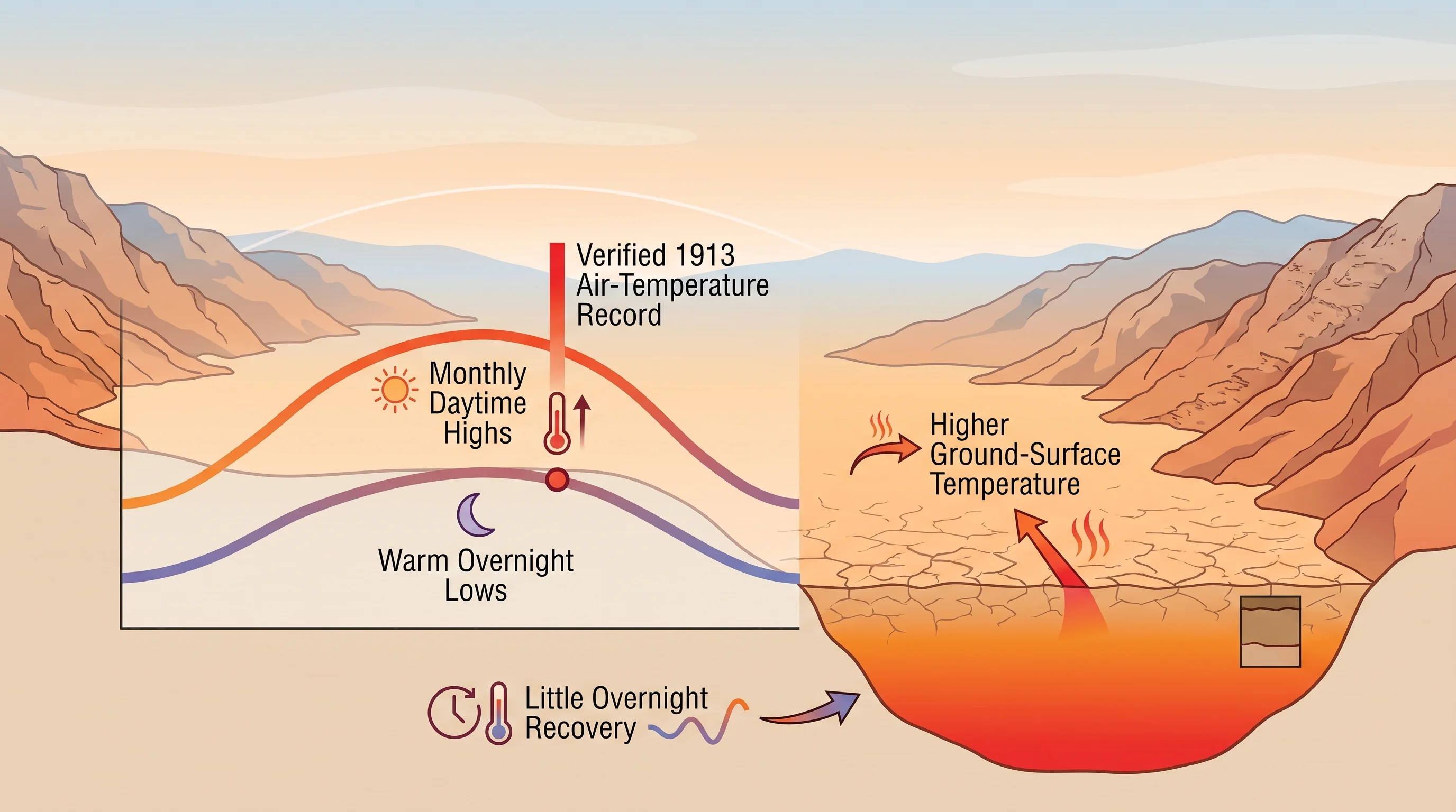 A data graphic comparing Furnace Creek's monthly normal daytime highs against warm overnight lows through the summer months, with a separate marker for the verified 1913 air-temperature record and a note on the much higher ground-surface temperature