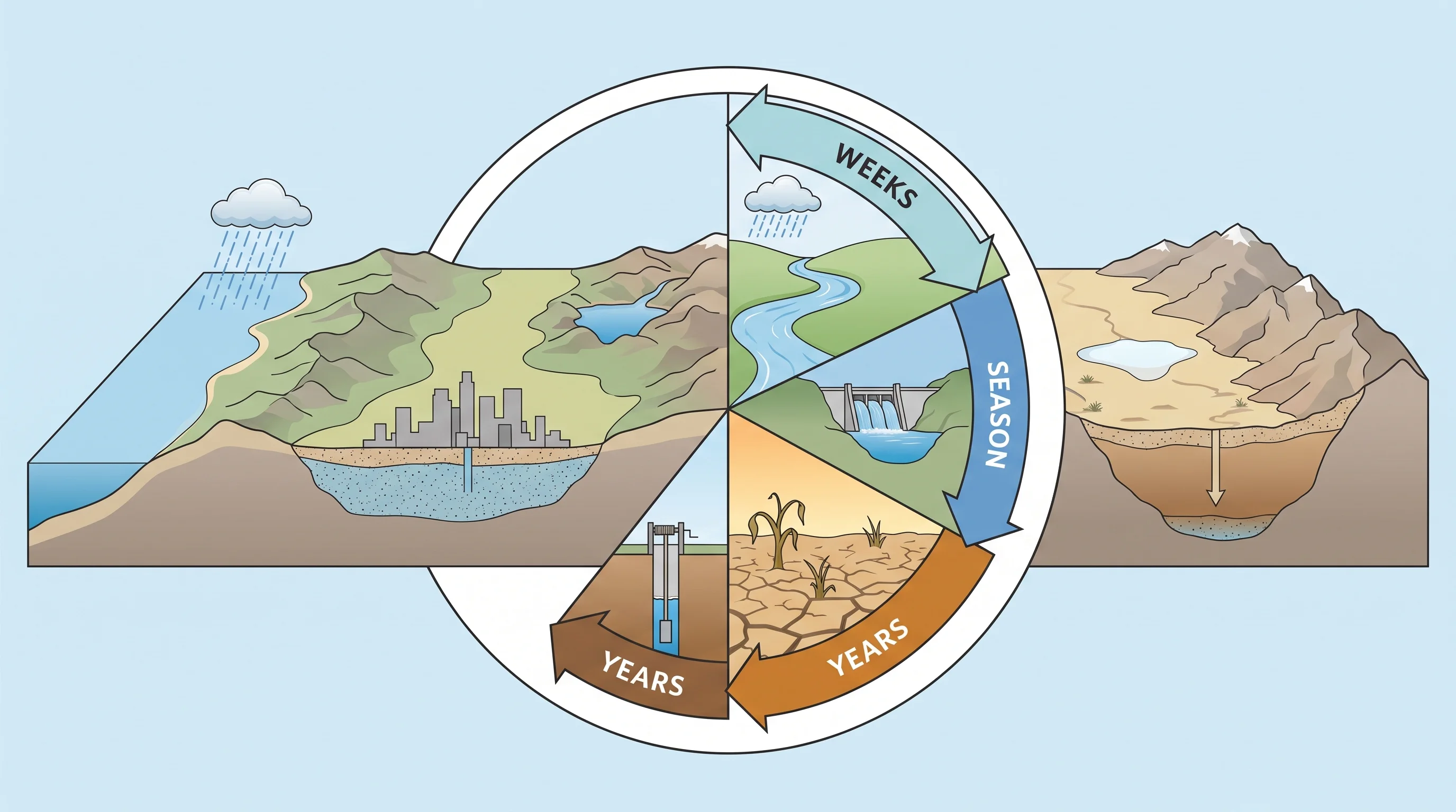 A wheel diagram separating California drought indicators by how fast each one responds to rain, with precipitation deficit and streamflow shown recovering in weeks, reservoir storage in a season, and groundwater and ecological damage taking multiple years