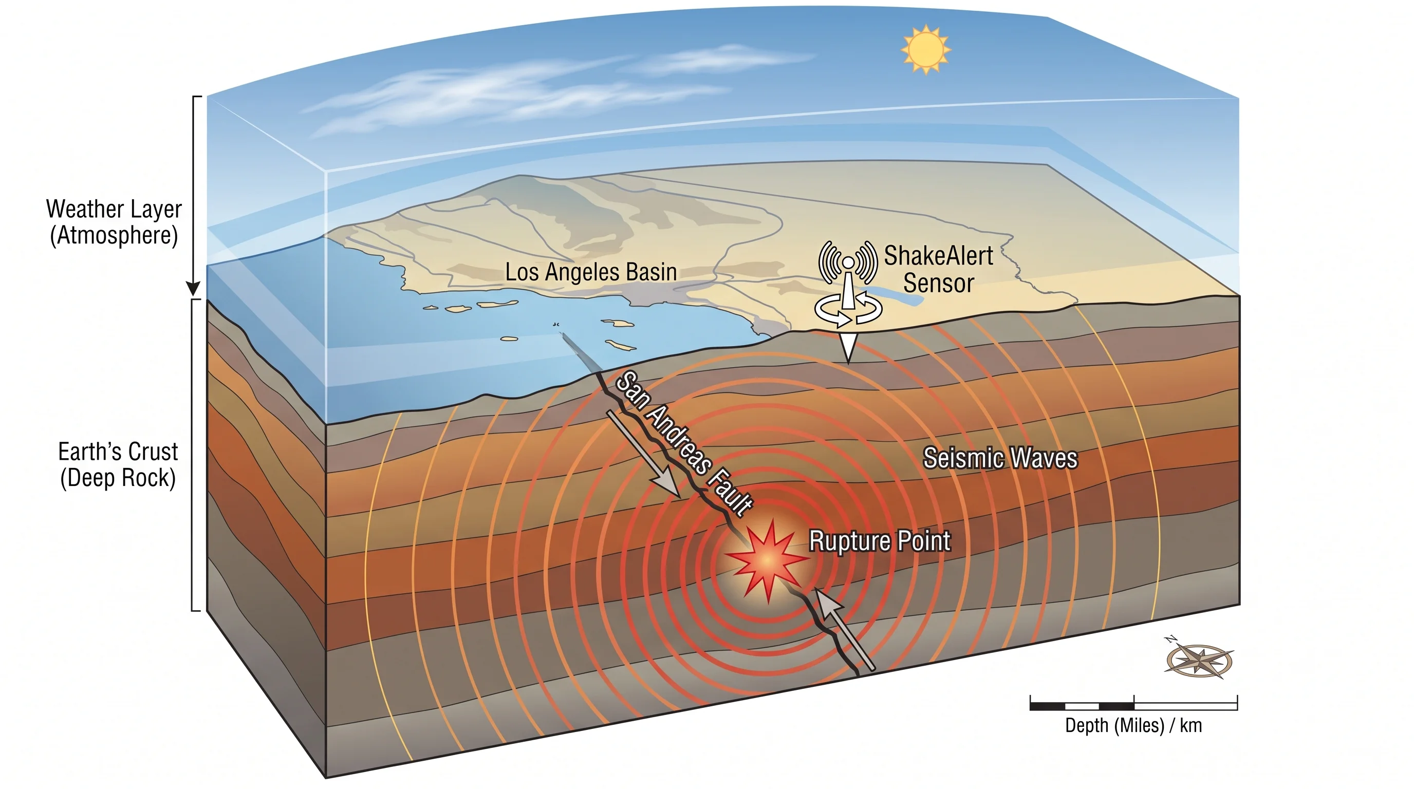 A scale diagram showing a thin band of atmosphere and weather near the surface compared against a much deeper cutaway of Southern California crust, with rock stress building along a fault line, a rupture point, seismic waves radiating outward, and a ShakeAlert detection marker