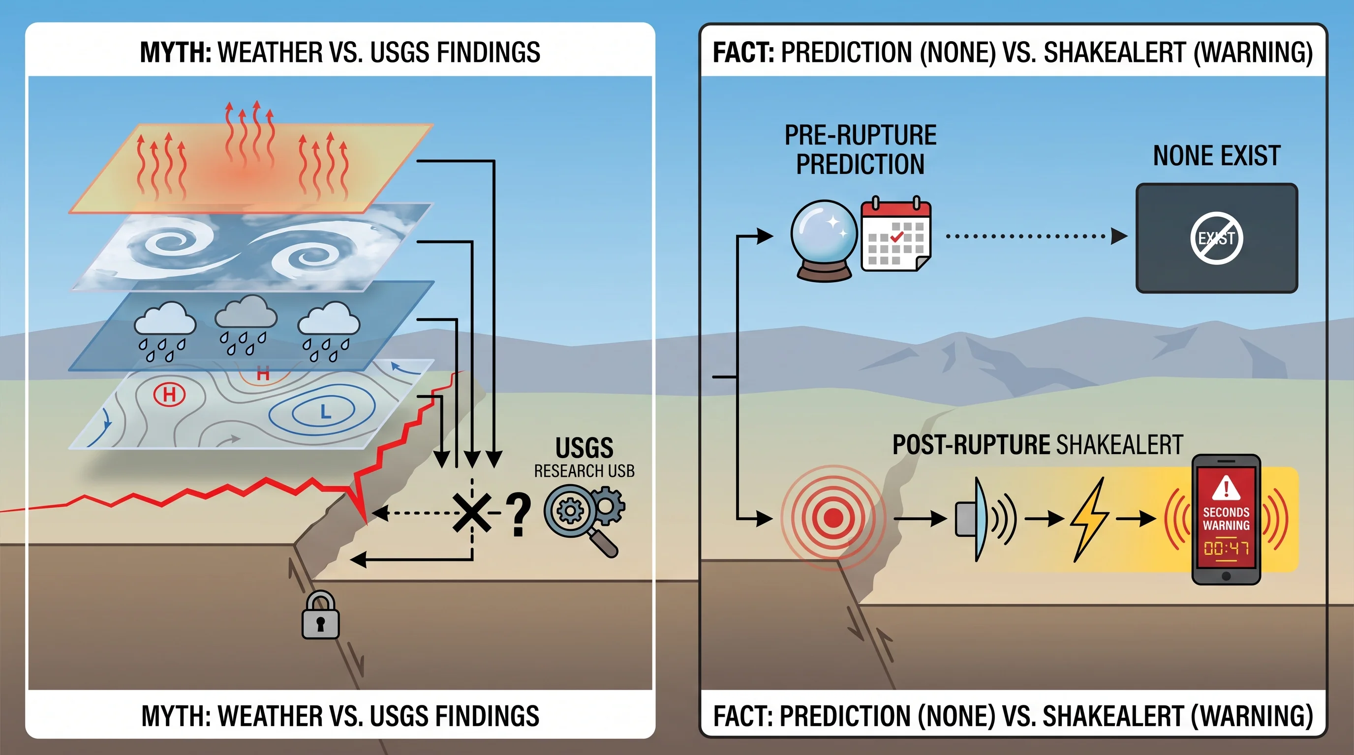 A side-by-side panel testing heat, clouds, rain, and barometric pressure against USGS findings on the left, and a separate diagram on the right distinguishing pre-rupture earthquake prediction, which does not exist, from post-rupture ShakeAlert early warning, which sends an alert in the seconds after a fault has already ruptured