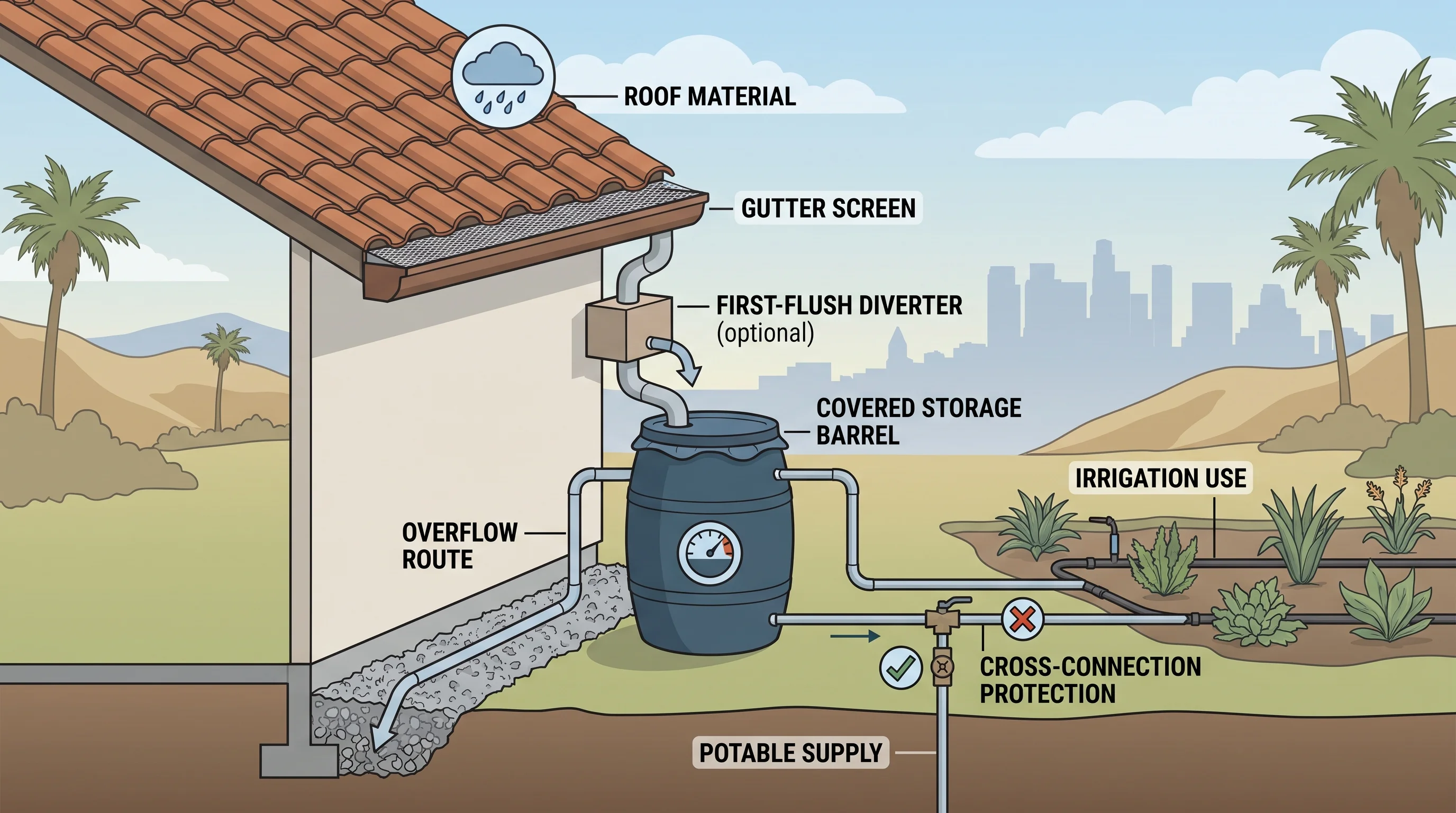 Rooftop rainwater catchment diagram labeling the roof material, a gutter screen, an optional first-flush diverter, a covered storage barrel or cistern, an overflow route, irrigation use, and cross-connection protection separating it from the potable supply