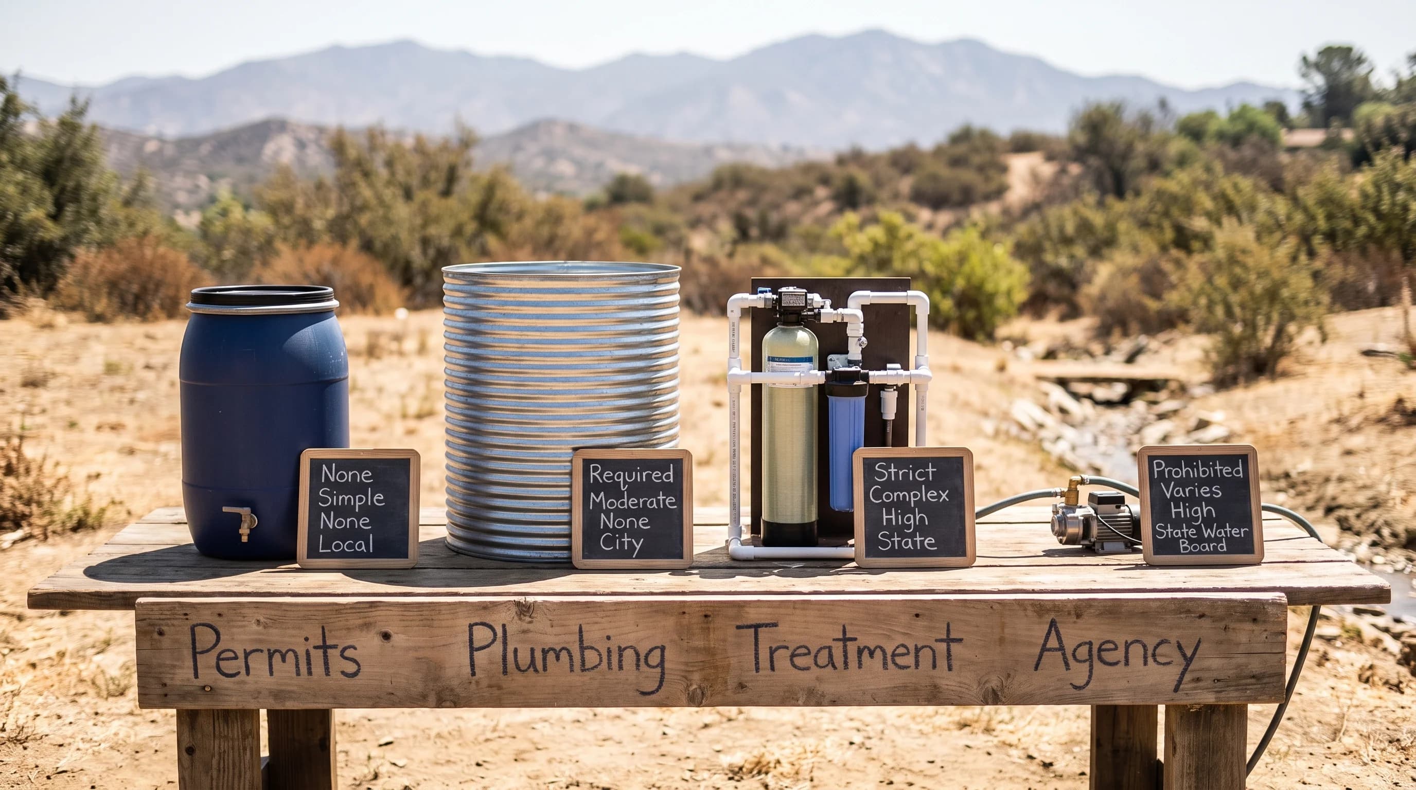 Decision table comparing a simple rain barrel, a larger cistern, a proposed potable-use system, and stream water diversion across permits required, plumbing complexity, treatment needs, and the responsible local or state agency