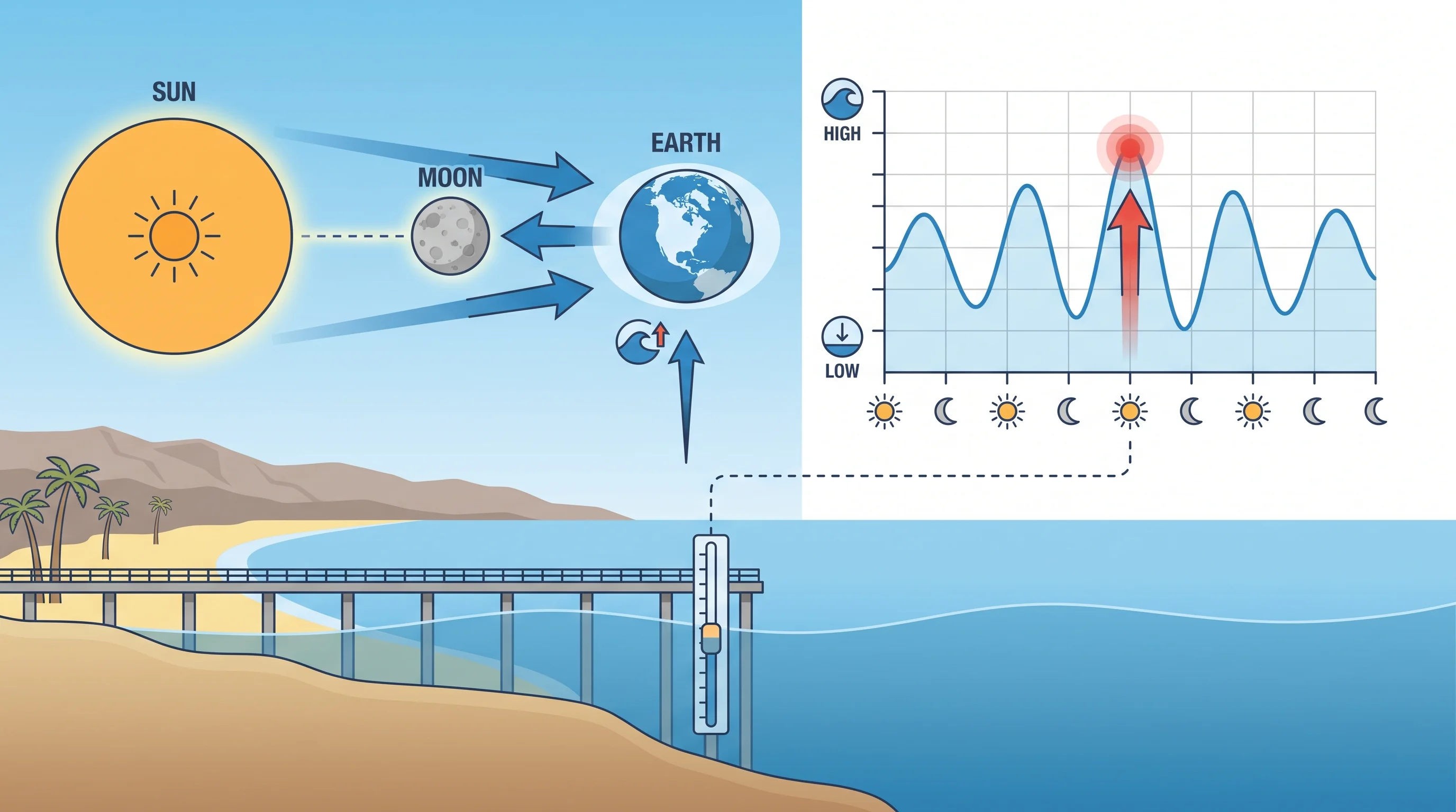 Diagram of the sun, moon, and Earth aligned at closest approach, paired with a tide gauge chart showing the resulting highest predicted water level at a named Southern California station