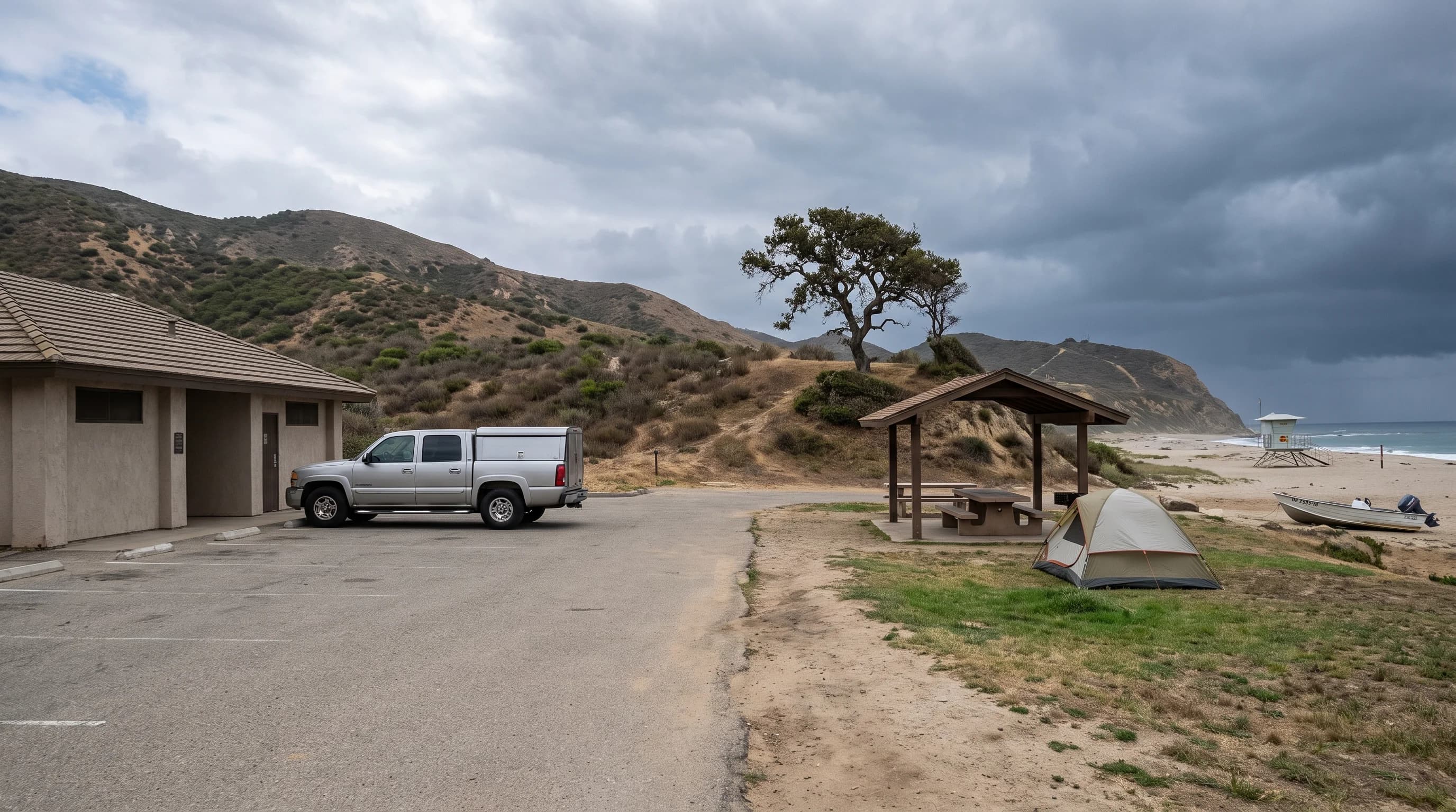 Side-by-side comparison of a substantial building and enclosed metal vehicle beside unsafe options including a tent, picnic shelter, isolated tree, ridge, beach, and open boat