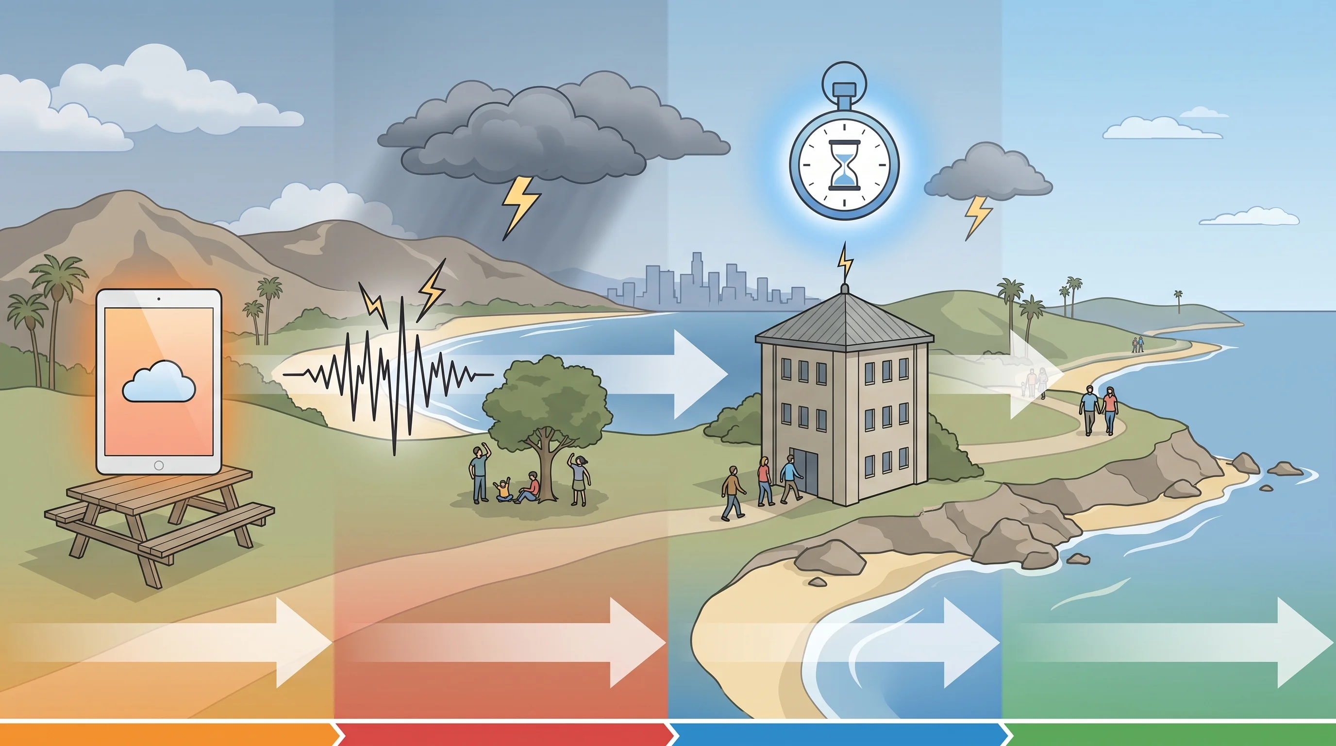 Recreation decision timeline showing the sequence from an early forecast signal to audible thunder, immediate shelter, the last thunderclap, the official 30-minute waiting period, and safe return outdoors