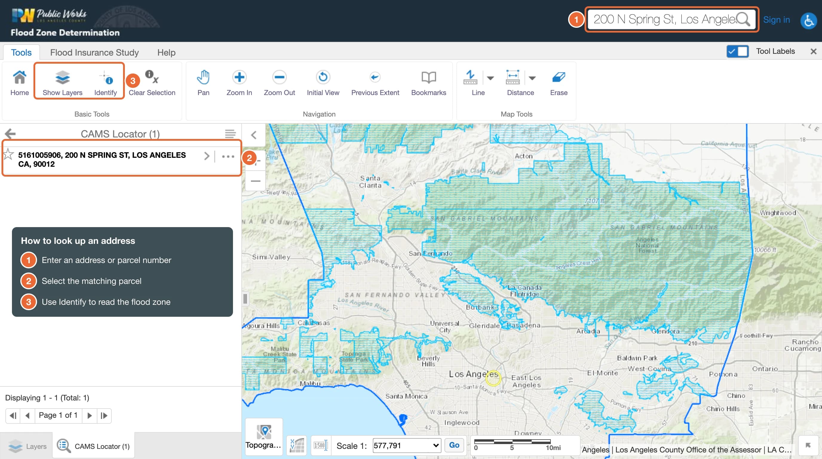 Screenshot of the LA County Public Works Flood Zone Determination map with numbered steps: enter an address, select the parcel, then use Identify to read the flood zone