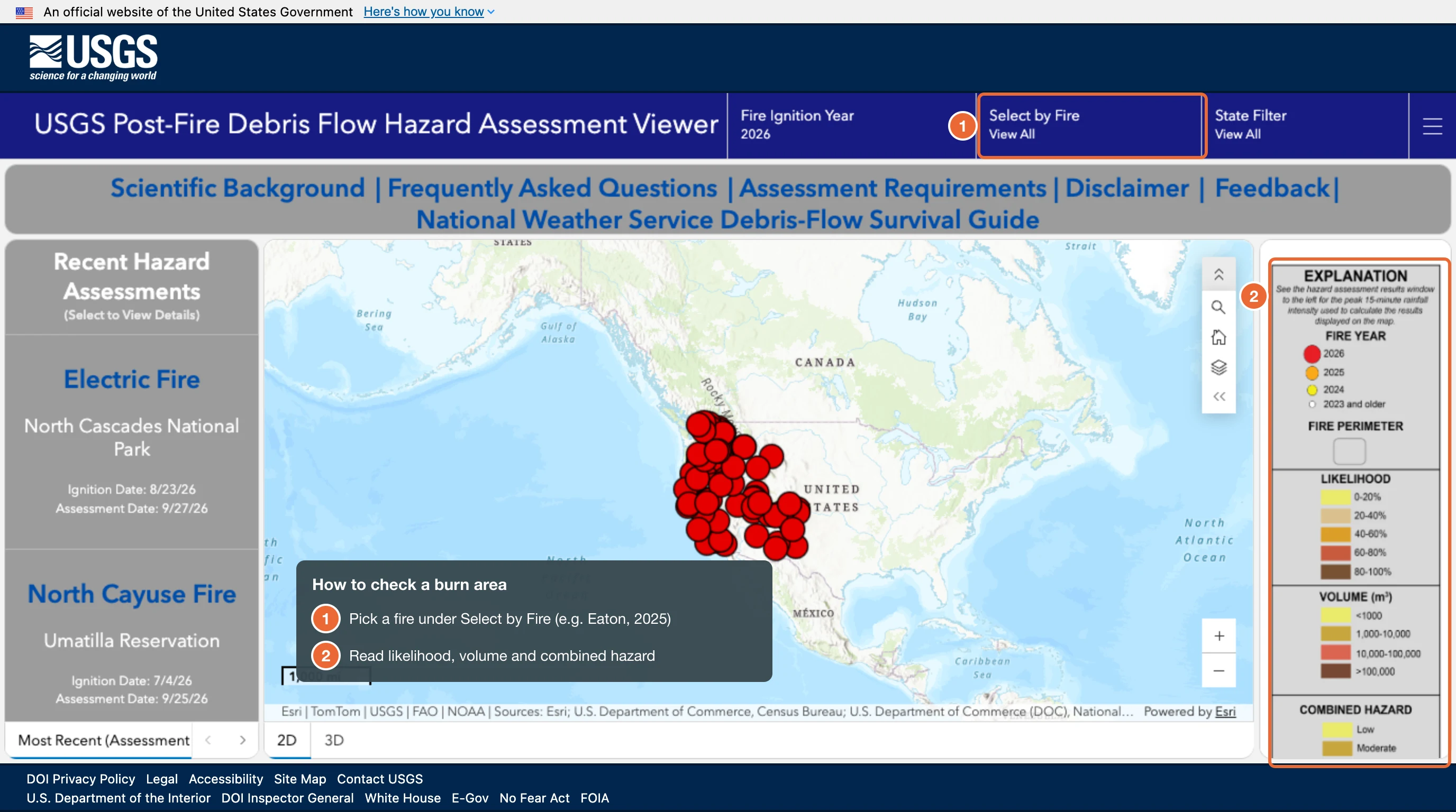 Screenshot of the USGS Post-Fire Debris Flow Hazard Assessment Viewer with numbered steps: pick a fire, then read the likelihood, volume and combined hazard legend