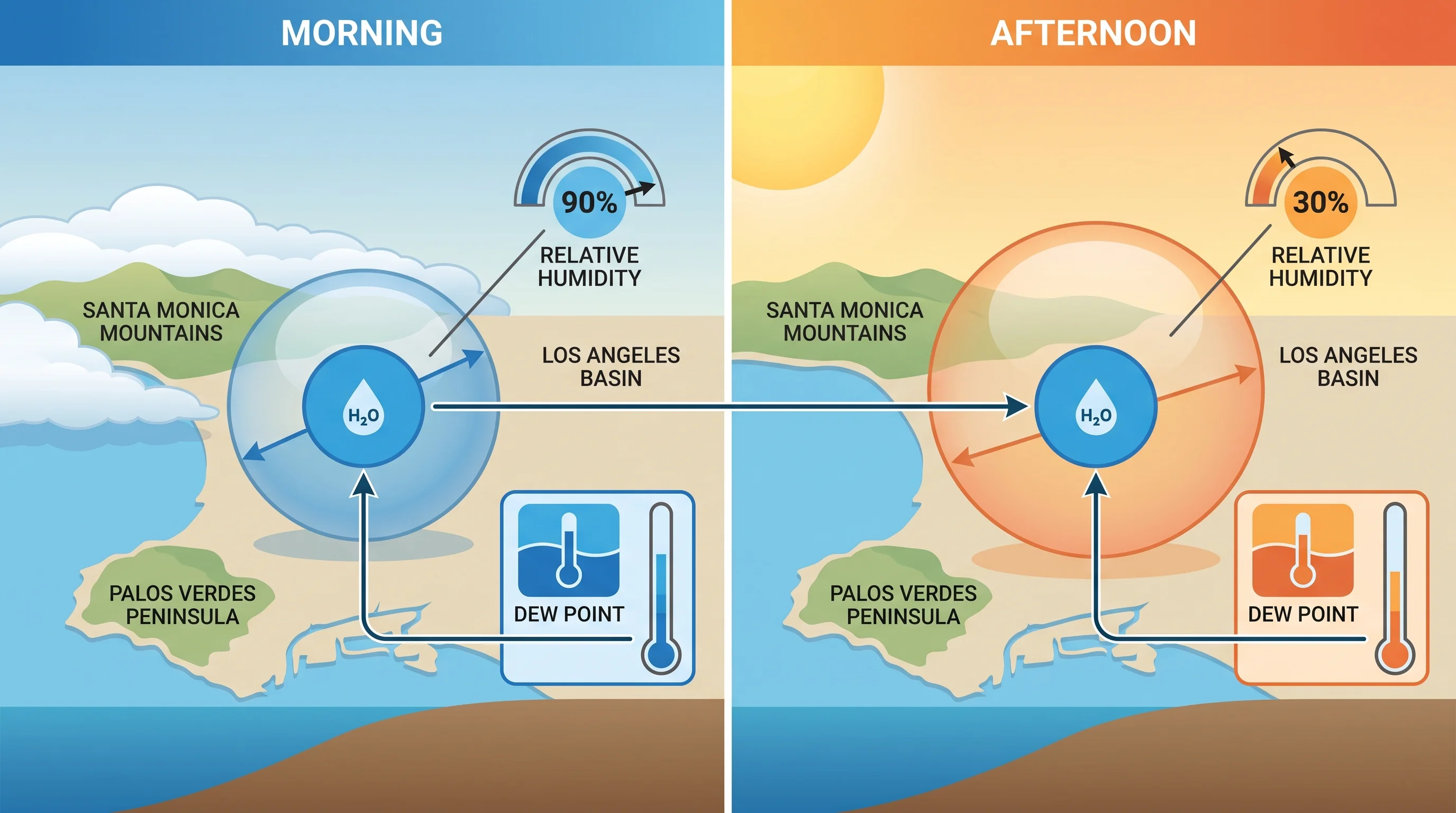 Diagram showing the same parcel of coastal Los Angeles air in the morning, cool with a small circle representing water vapor filling most of its capacity for a high relative humidity reading, and in the afternoon, warmer with the same size water vapor circle now filling a much larger capacity for a low relative humidity reading, while a dew point label stays nearly constant across both panels