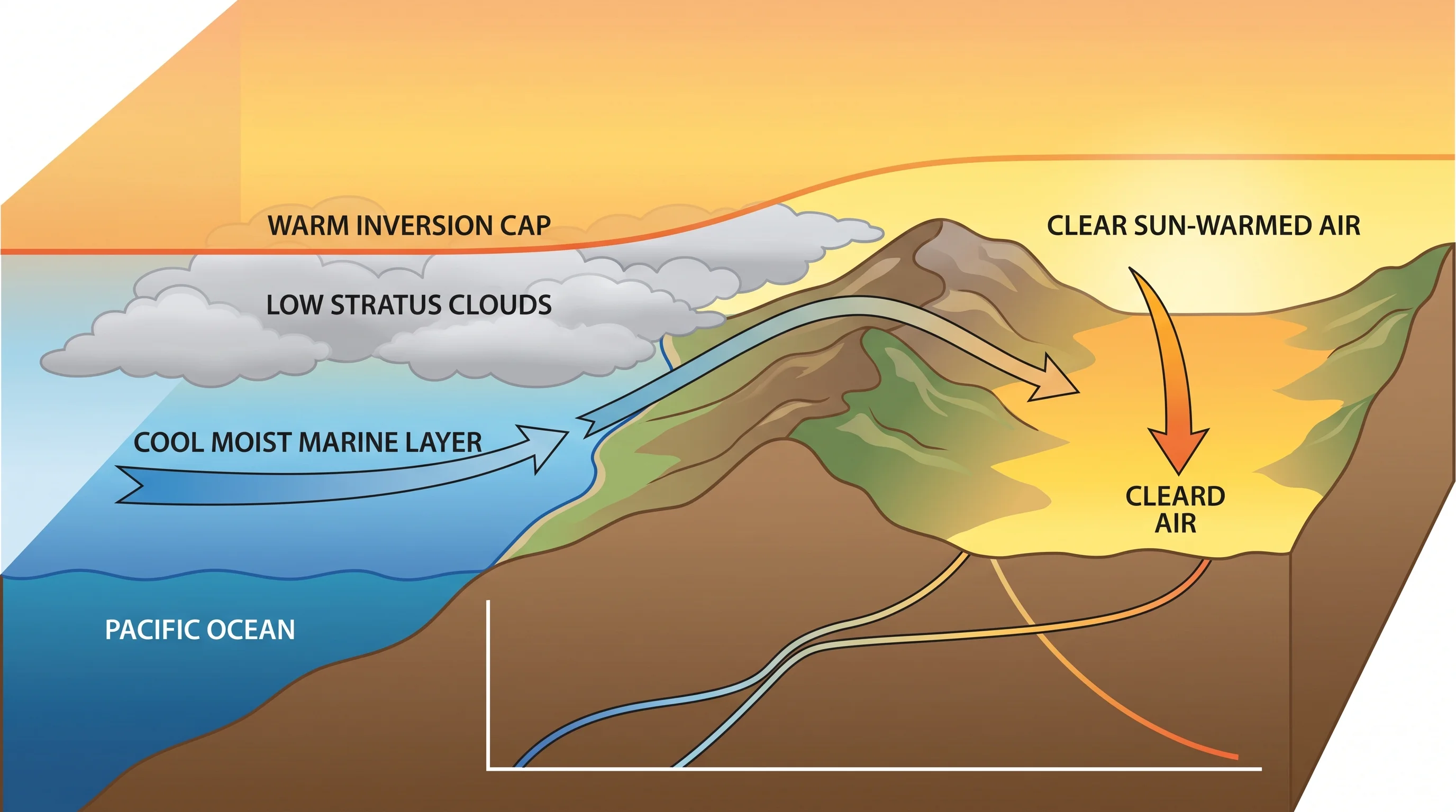 A vertical cross-section from the cold Pacific Ocean across the Southern California coastline and into the inland basin, showing the shallow cool moist marine layer near the surface, a warm temperature inversion cap above it, low stratus cloud filling the marine layer near the coast, coastal hills and mountain passes, and clear, sun-warmed air over the inland valley