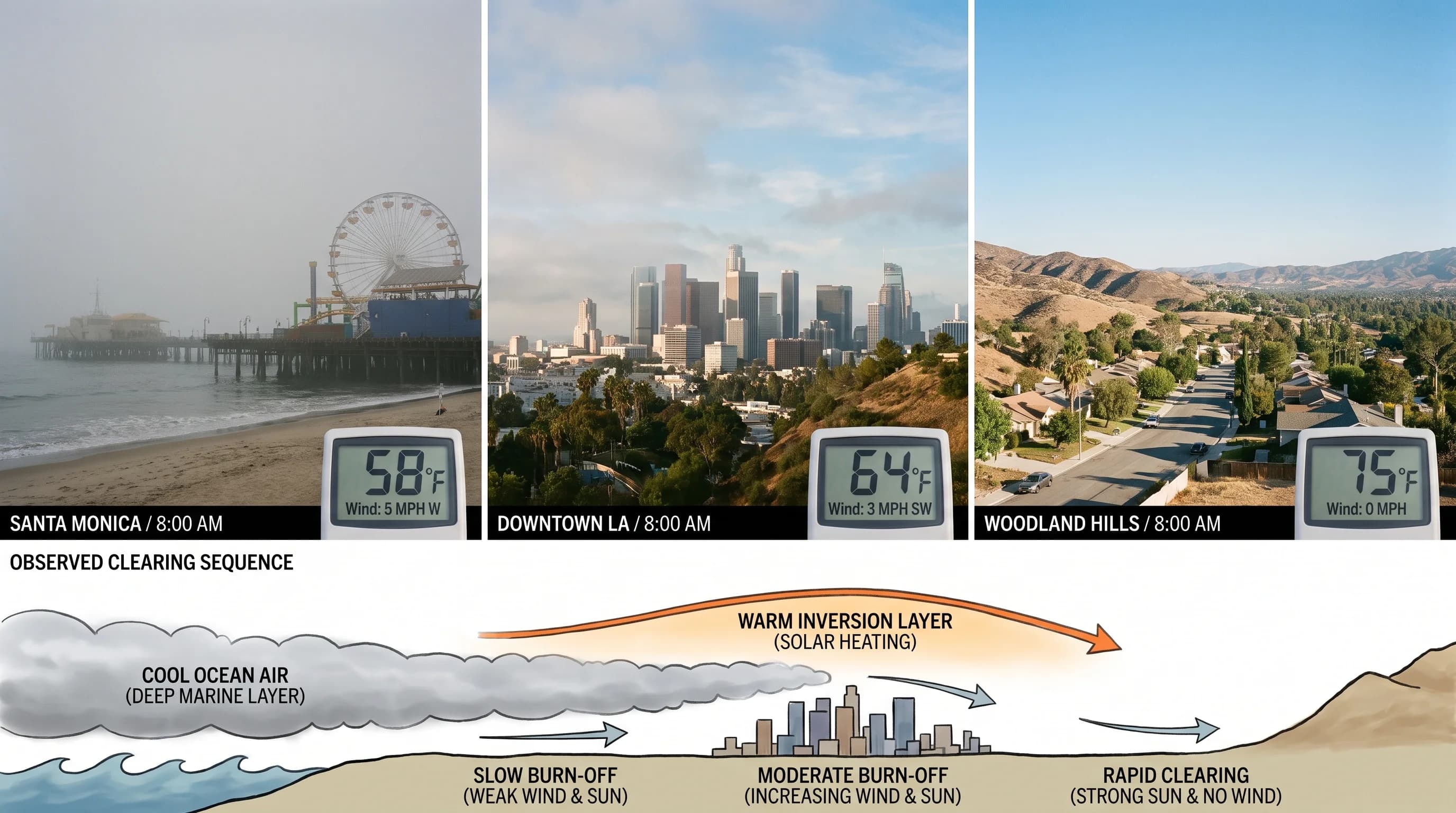 A morning clearing sequence comparing Santa Monica, Downtown Los Angeles, and Woodland Hills by cloud depth, temperature, wind, solar heating, and observed clearing time