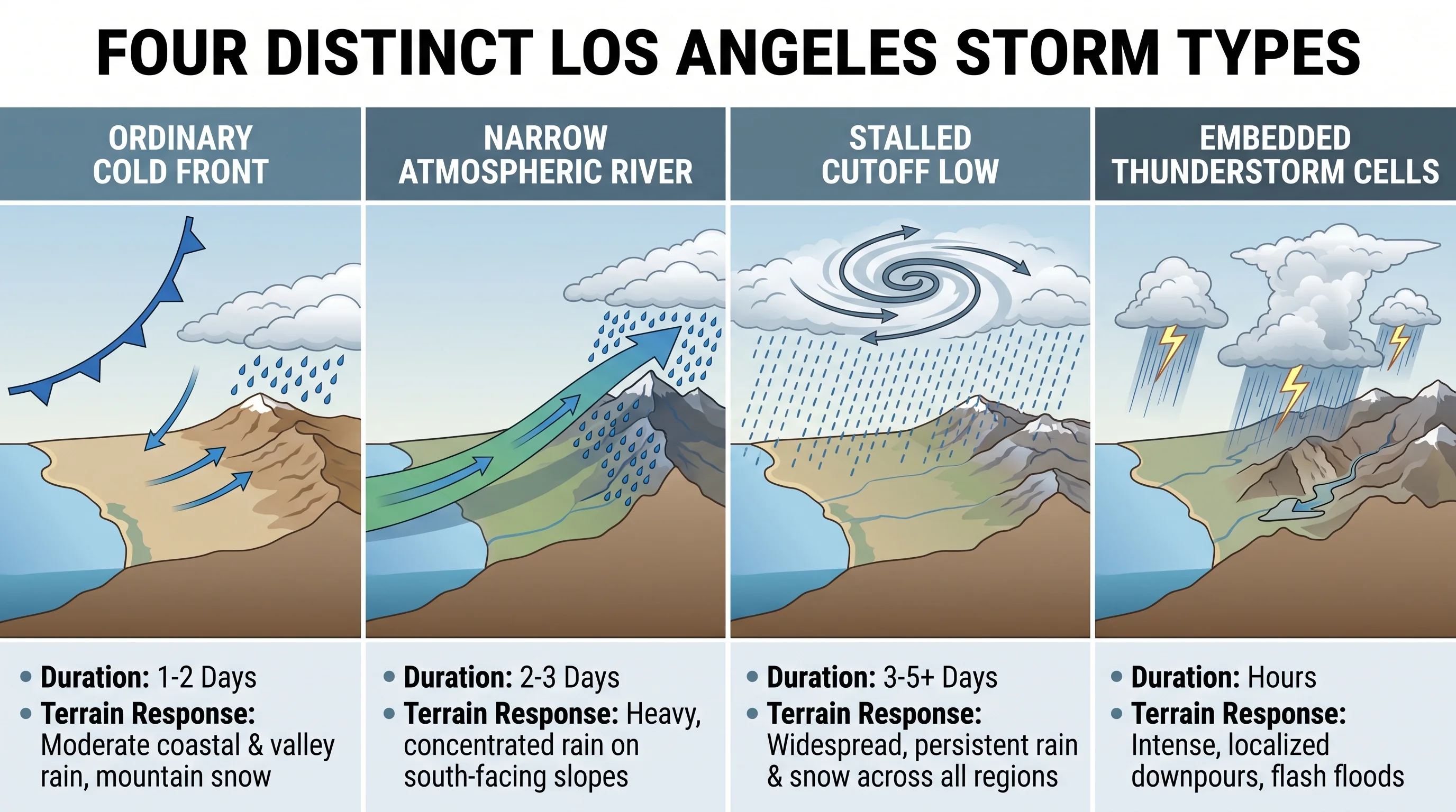 A side-by-side comparison diagram of four Los Angeles storm types: an ordinary cold front, a narrow atmospheric river moisture plume, a stalled cutoff low, and embedded thunderstorm cells, each labeled with typical duration and terrain response
