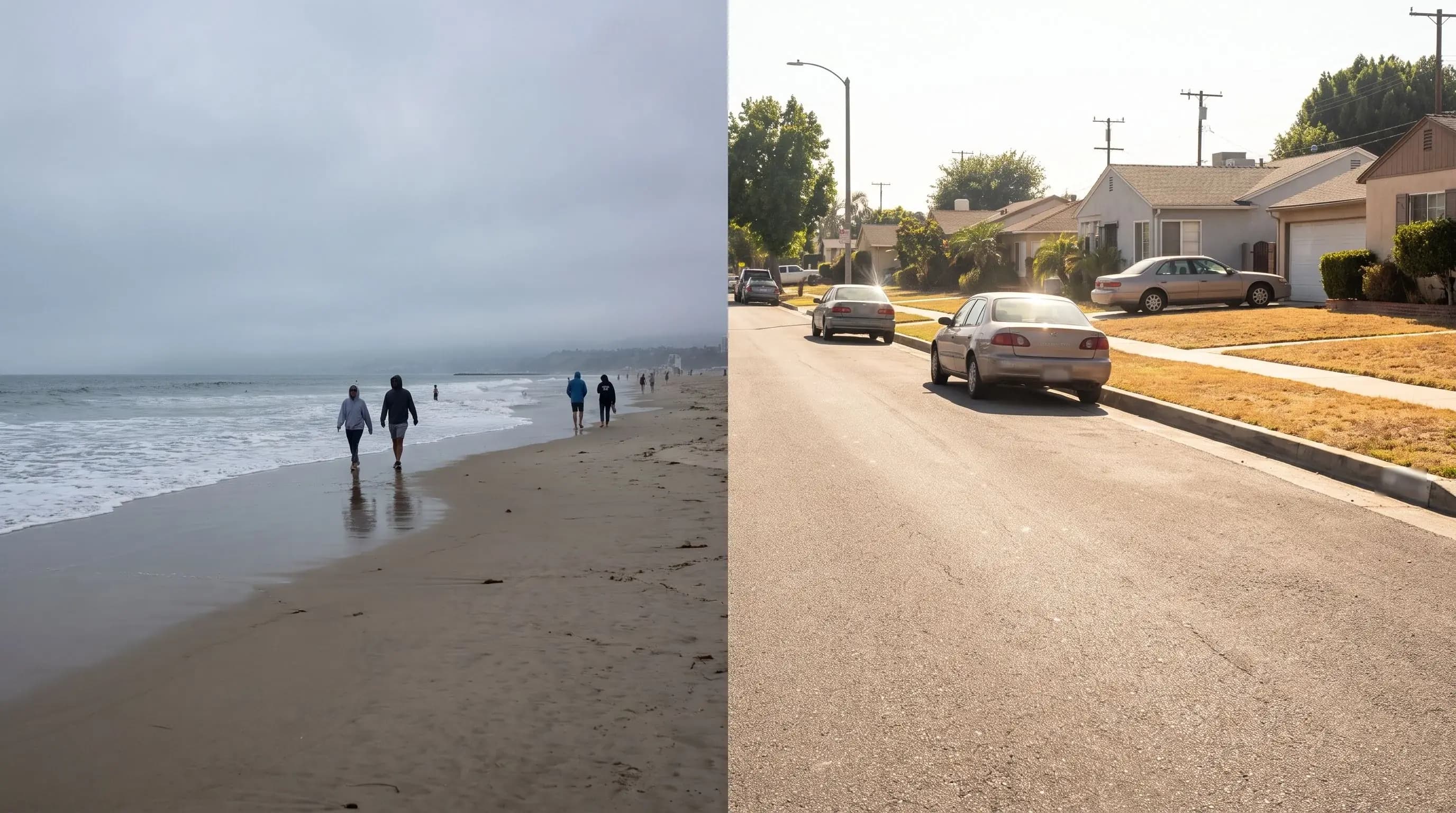Two-panel view of a cool gray morning on Santa Monica beach and a hot, sunny afternoon on a San Fernando Valley street