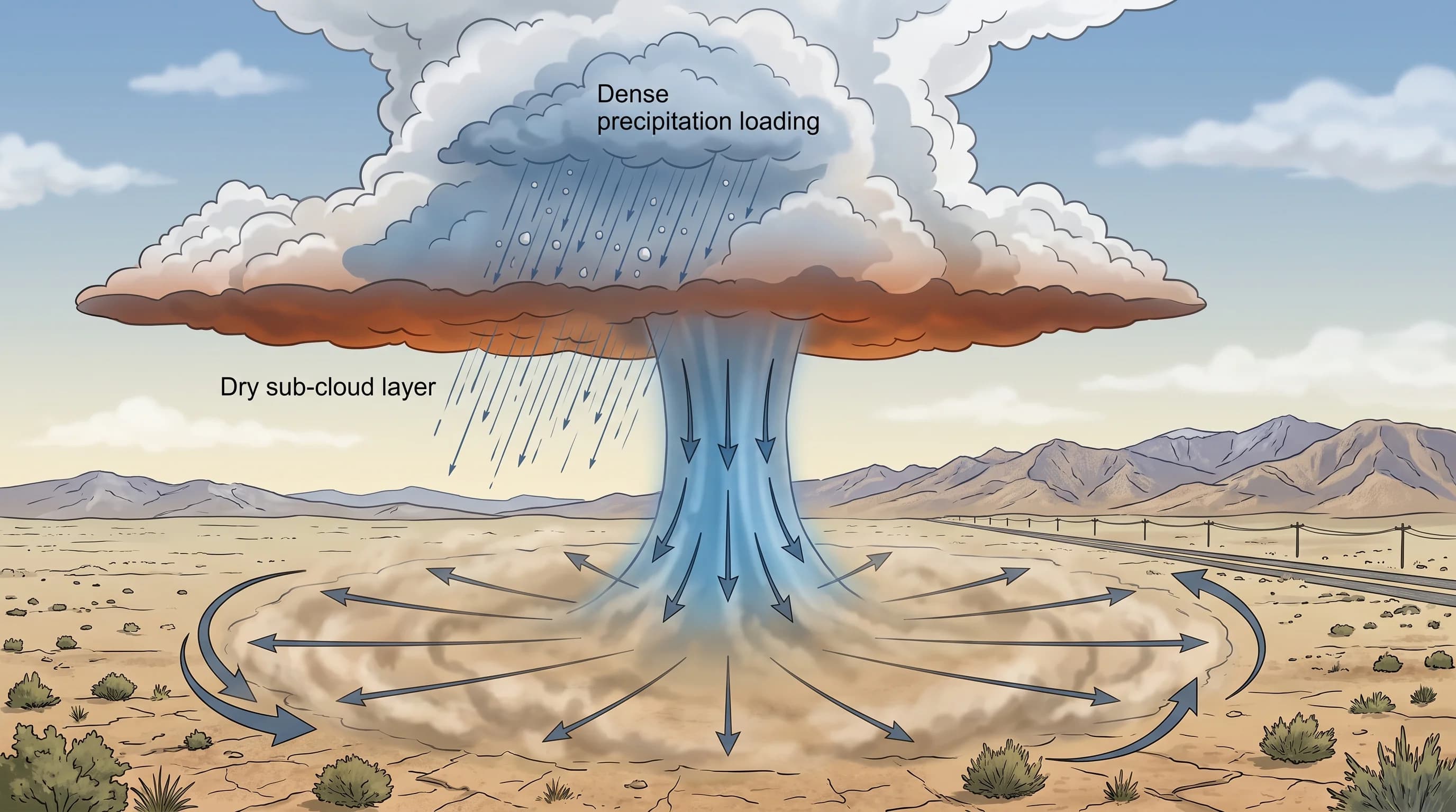 A microburst cutaway diagram showing precipitation loading inside a thunderstorm cloud, evaporative cooling in a dry sub-cloud layer, a descending column of dense air, ground impact, divergent outflow spreading outward in a ring, and a wind-shear zone at the outflow boundary