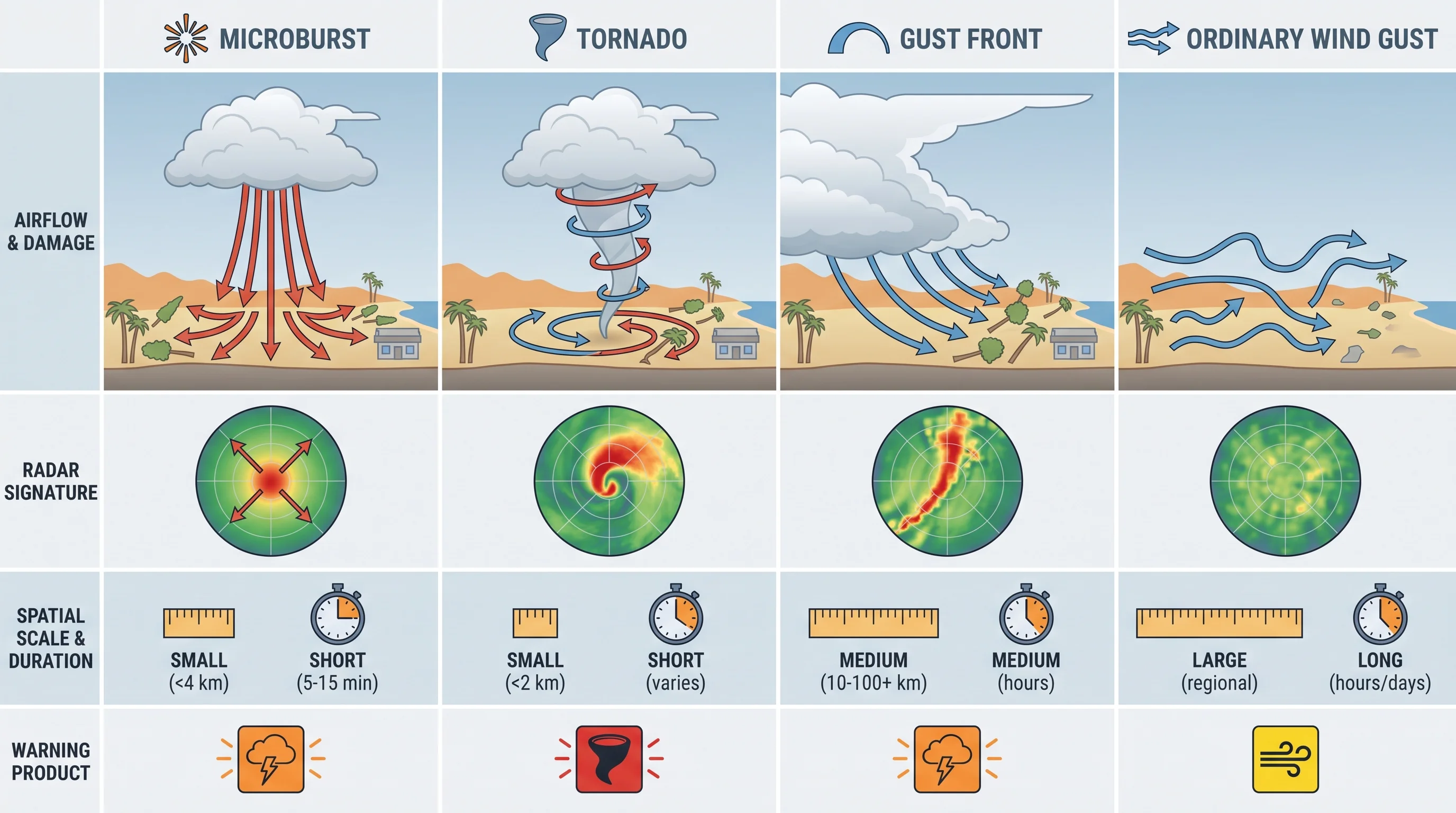 A side-by-side comparison graphic of a microburst, tornado, gust front, and ordinary wind gust, showing airflow arrows, typical damage pattern, radar signature, spatial scale, and the warning product each triggers