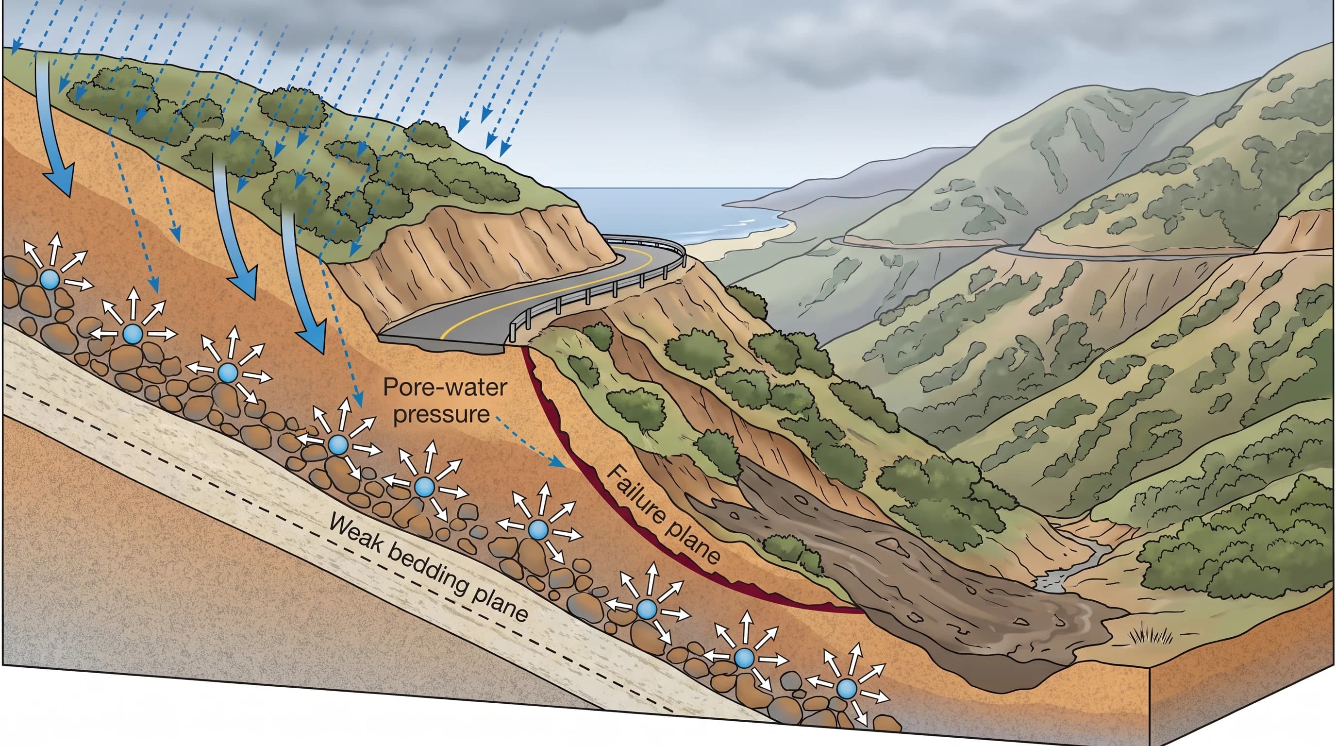 Slope cutaway diagram showing rain infiltrating soil, rising pore-water pressure between particles, a weak bedding layer, a road cut altering drainage, and the resulting slide plane where the hillside gives way
