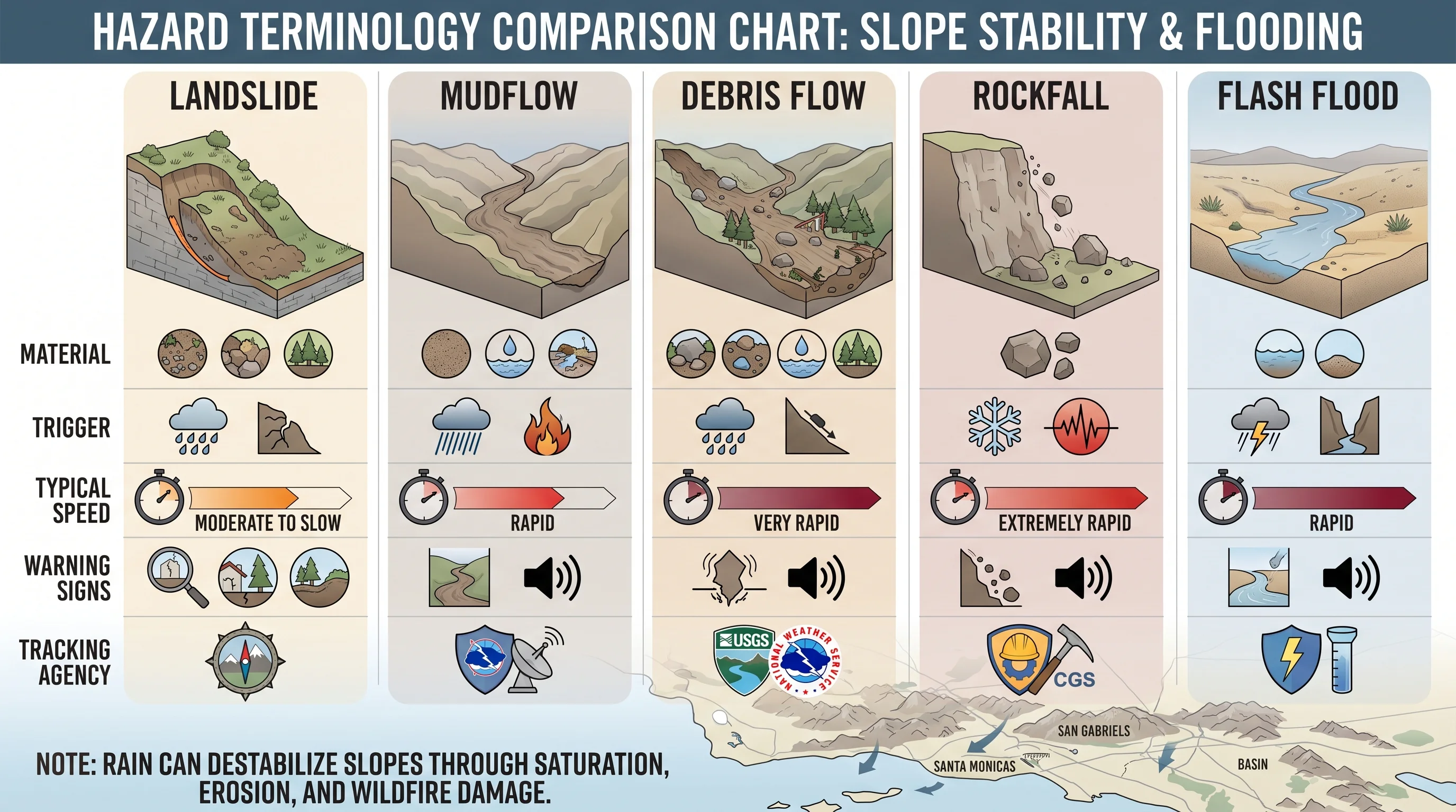 Terminology comparison chart distinguishing landslide, mudflow, debris flow, rockfall, and flash flood by material, trigger, typical speed, warning signs, and the agency responsible for tracking each