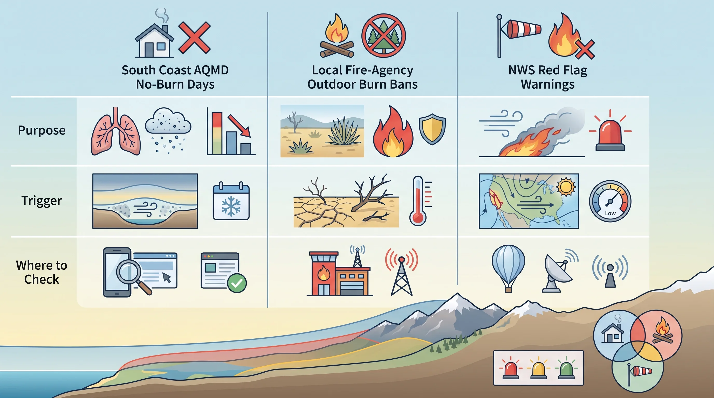 Comparison chart separating South Coast AQMD No-Burn Days, local fire-agency outdoor burn bans, and NWS Red Flag Warnings by purpose, trigger, and where to check current status
