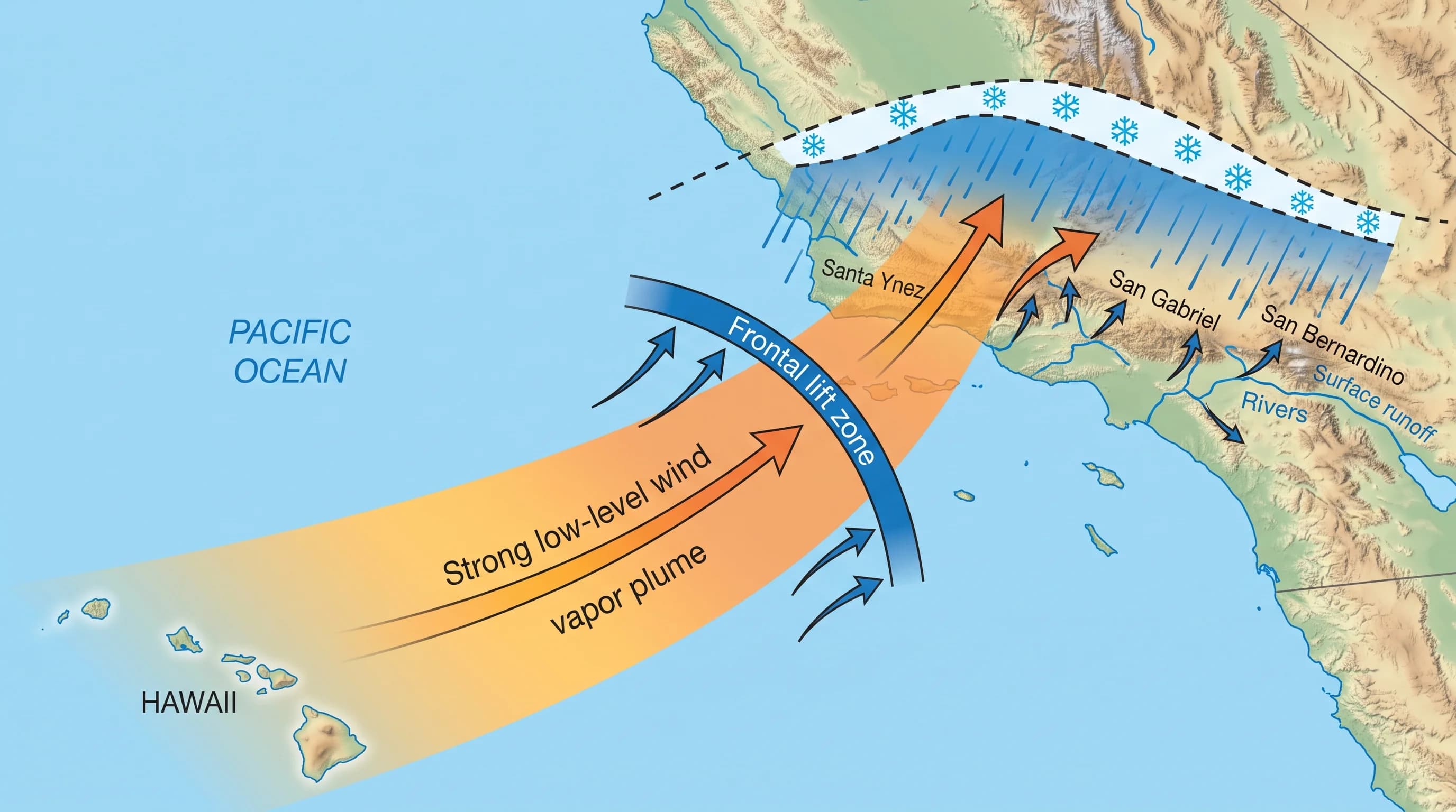 Integrated vapor transport diagram showing a warm moisture plume stretching from near Hawaii across the Pacific to the Southern California coast, with arrows for strong low-level wind, a frontal lift zone, terrain-forced ascent over coastal mountains, a high snow level line, and surface runoff