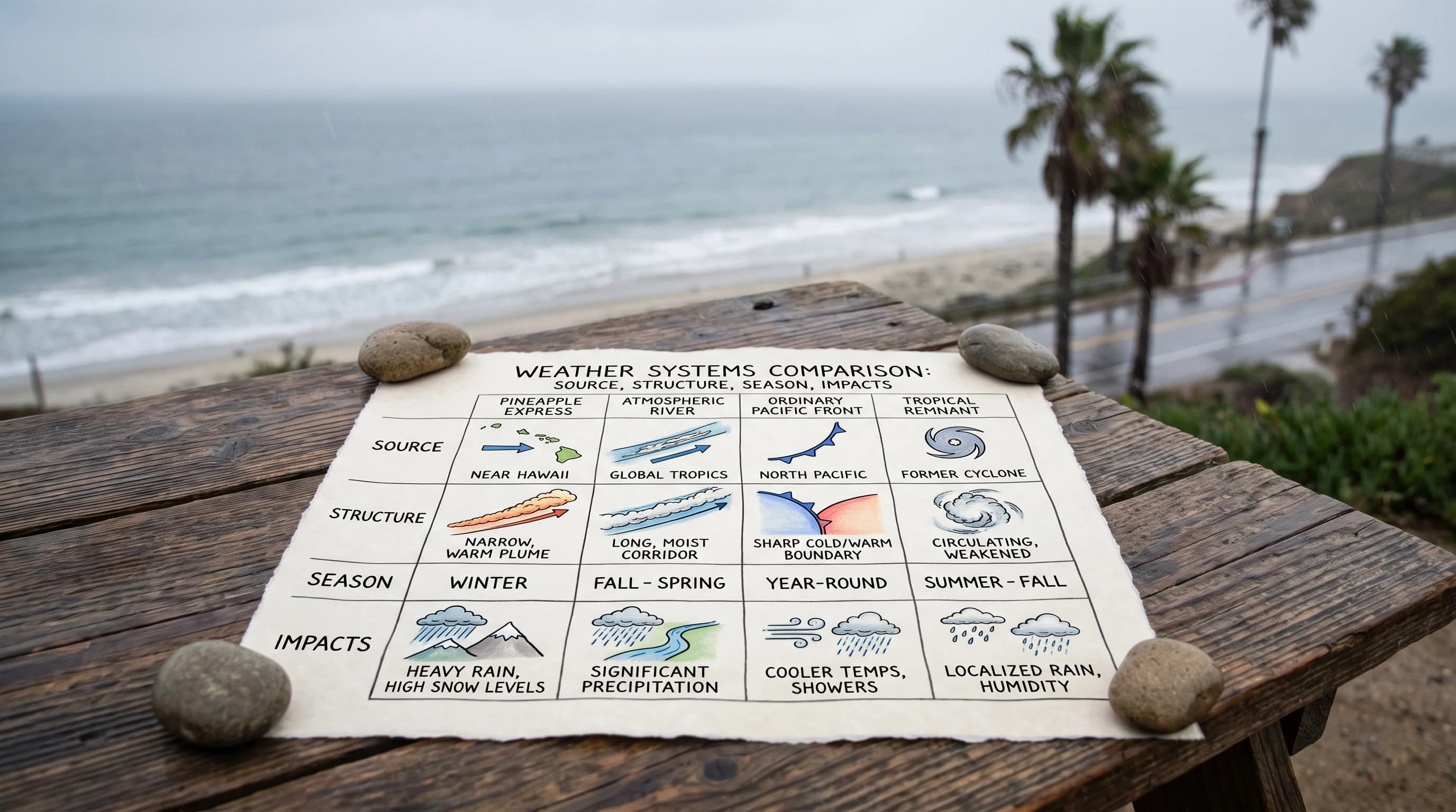 A comparison table separating Pineapple Express, broader atmospheric river, ordinary Pacific front, and tropical remnant by source, structure, season, and impacts