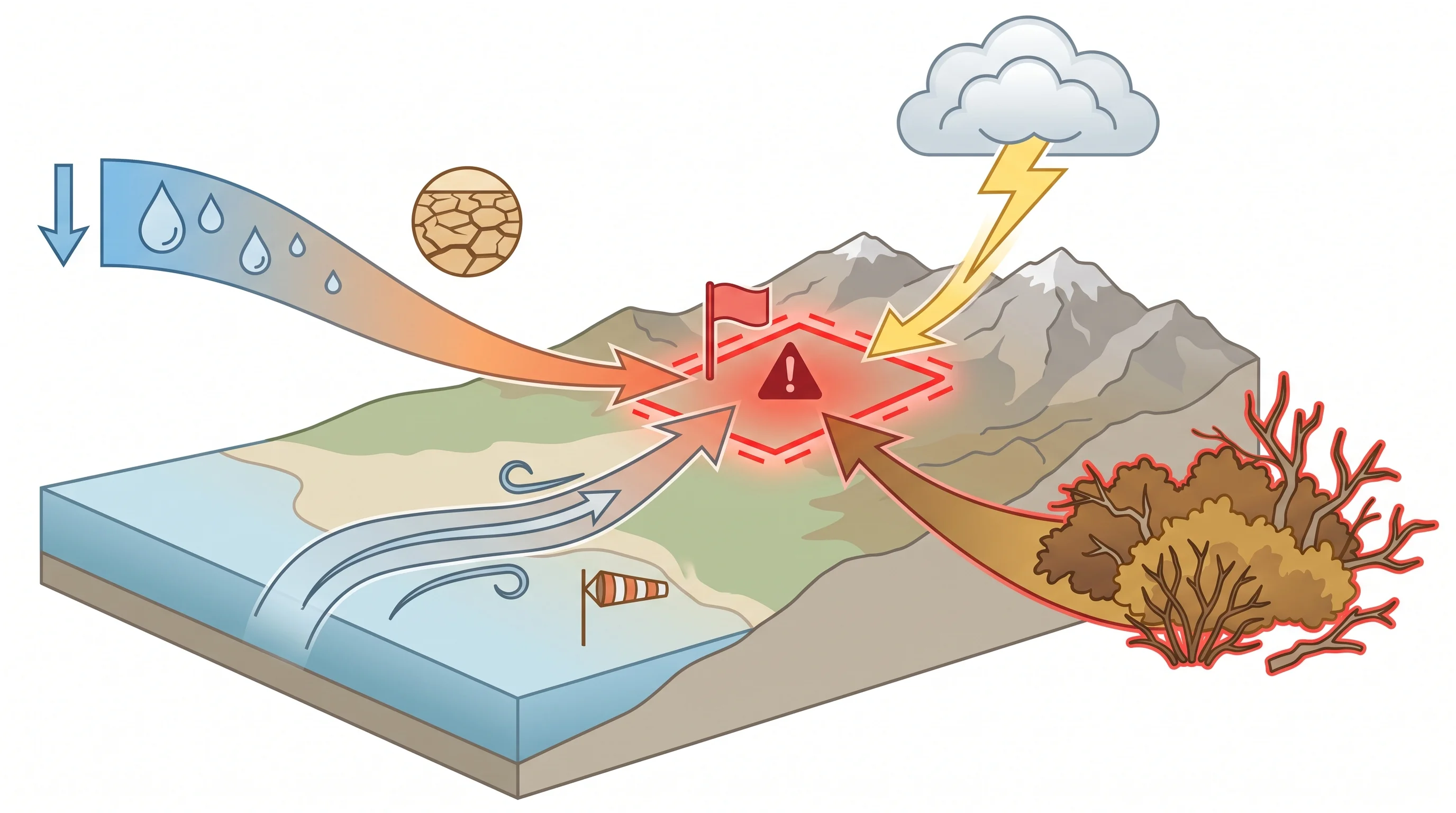 A fire-weather ingredient diagram showing low relative humidity, sustained and gusty wind, dry live and dead fuel, lightning potential, and terrain feeding into a zone-specific Red Flag Warning threshold