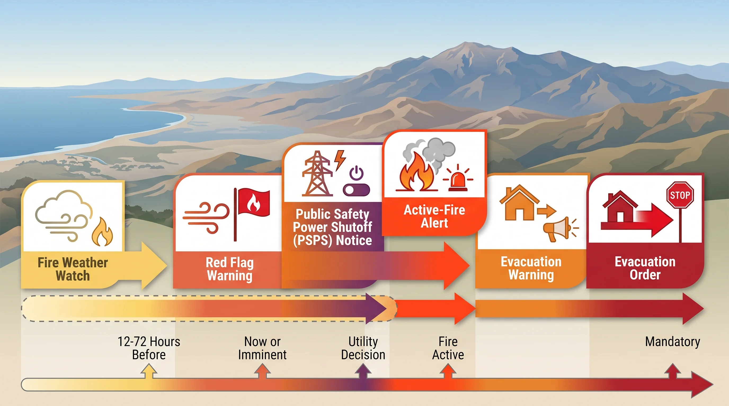 A timeline graphic comparing a Fire Weather Watch, a Red Flag Warning, a utility Public Safety Power Shutoff notice, an active-fire alert, an evacuation warning, and an evacuation order in sequence
