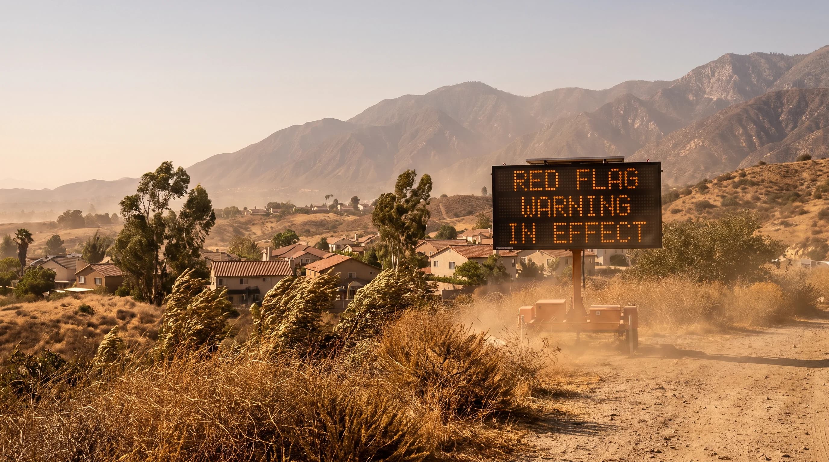 A dry Southern California foothill community under strong offshore wind on a clear day, with no active fire visible, representative of the conditions behind a Red Flag Warning