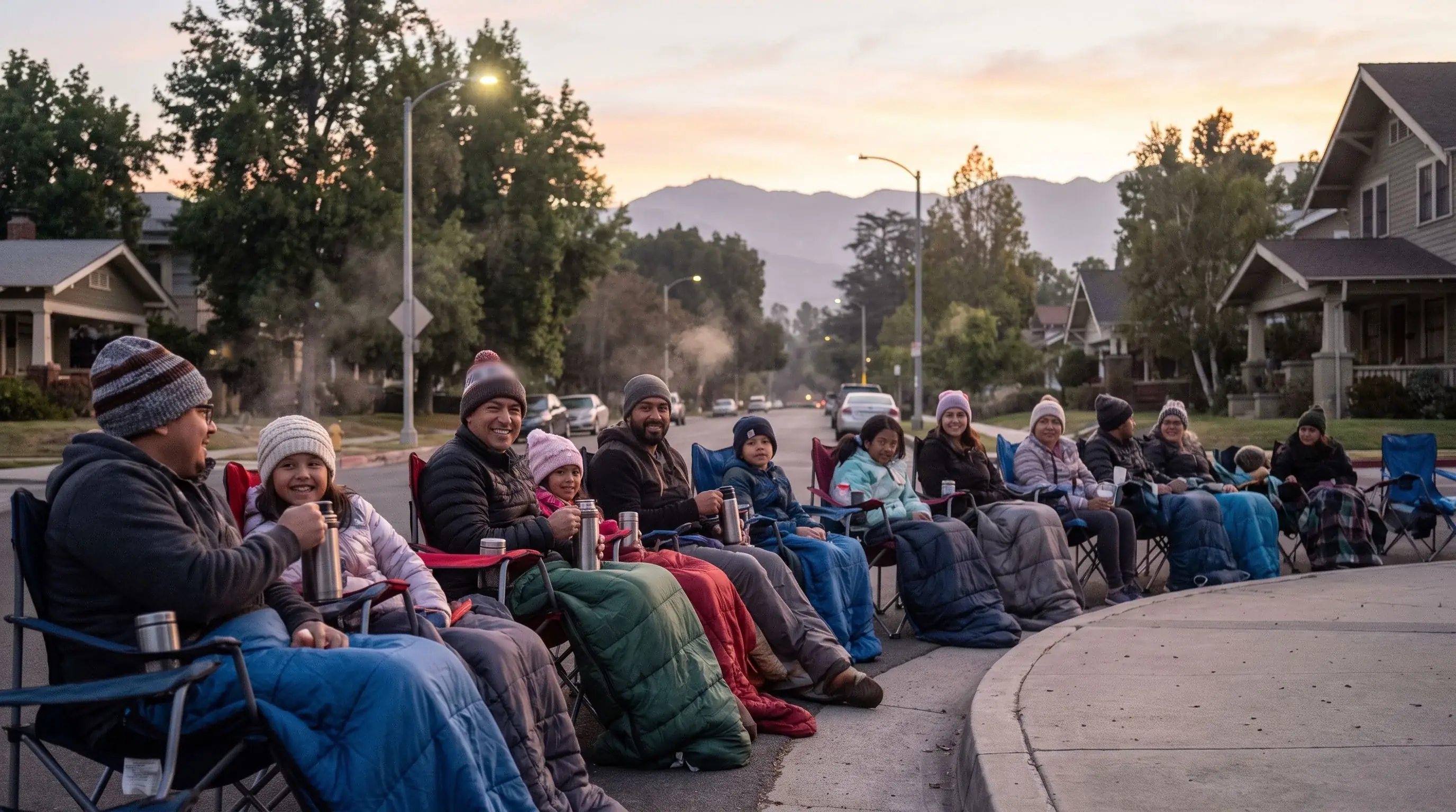 Cheerful families in knit hats and sleeping bags in a long row of folding chairs along a parade-route curb before dawn, sharing thermoses
