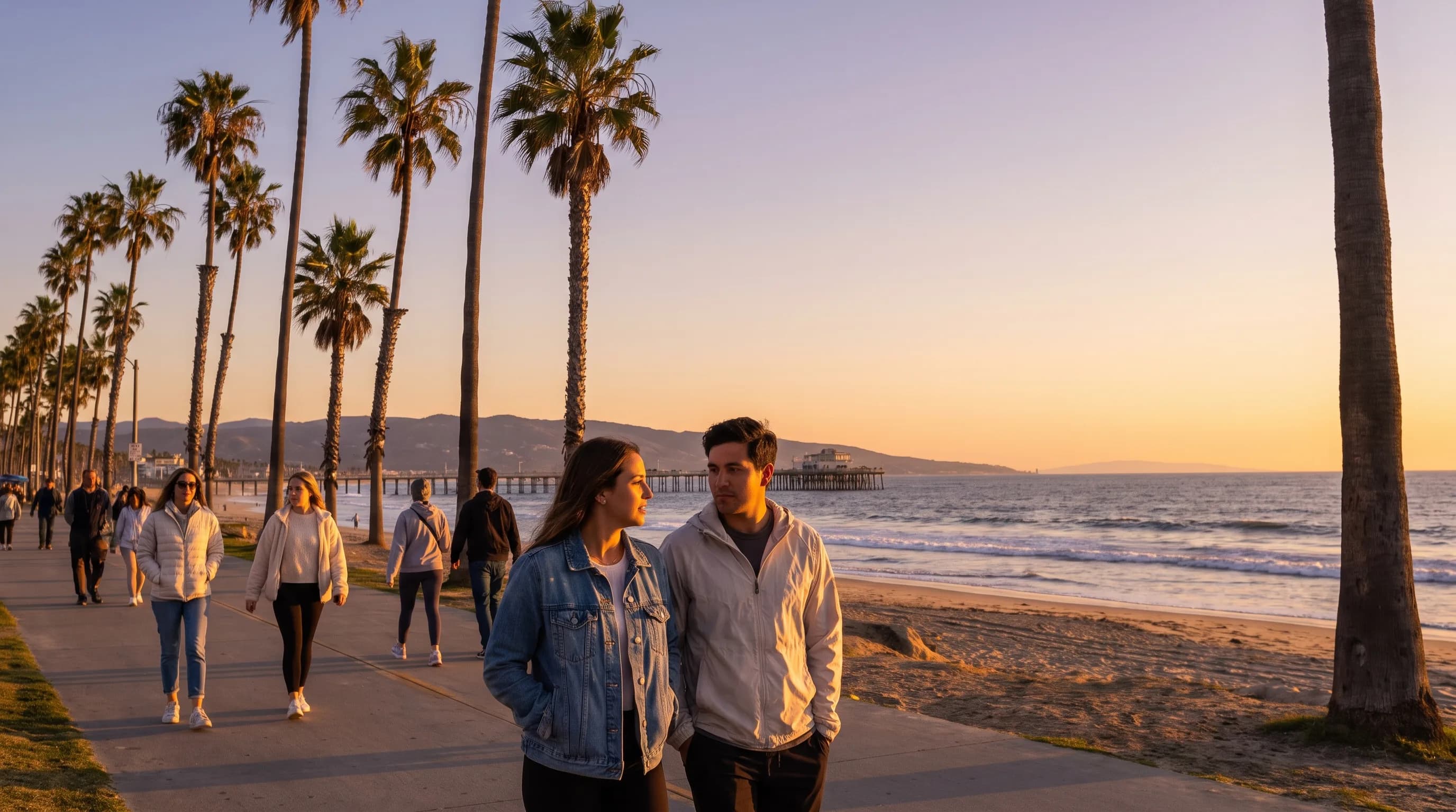 People in light jackets walking along a beach promenade at golden hour with the ocean behind them