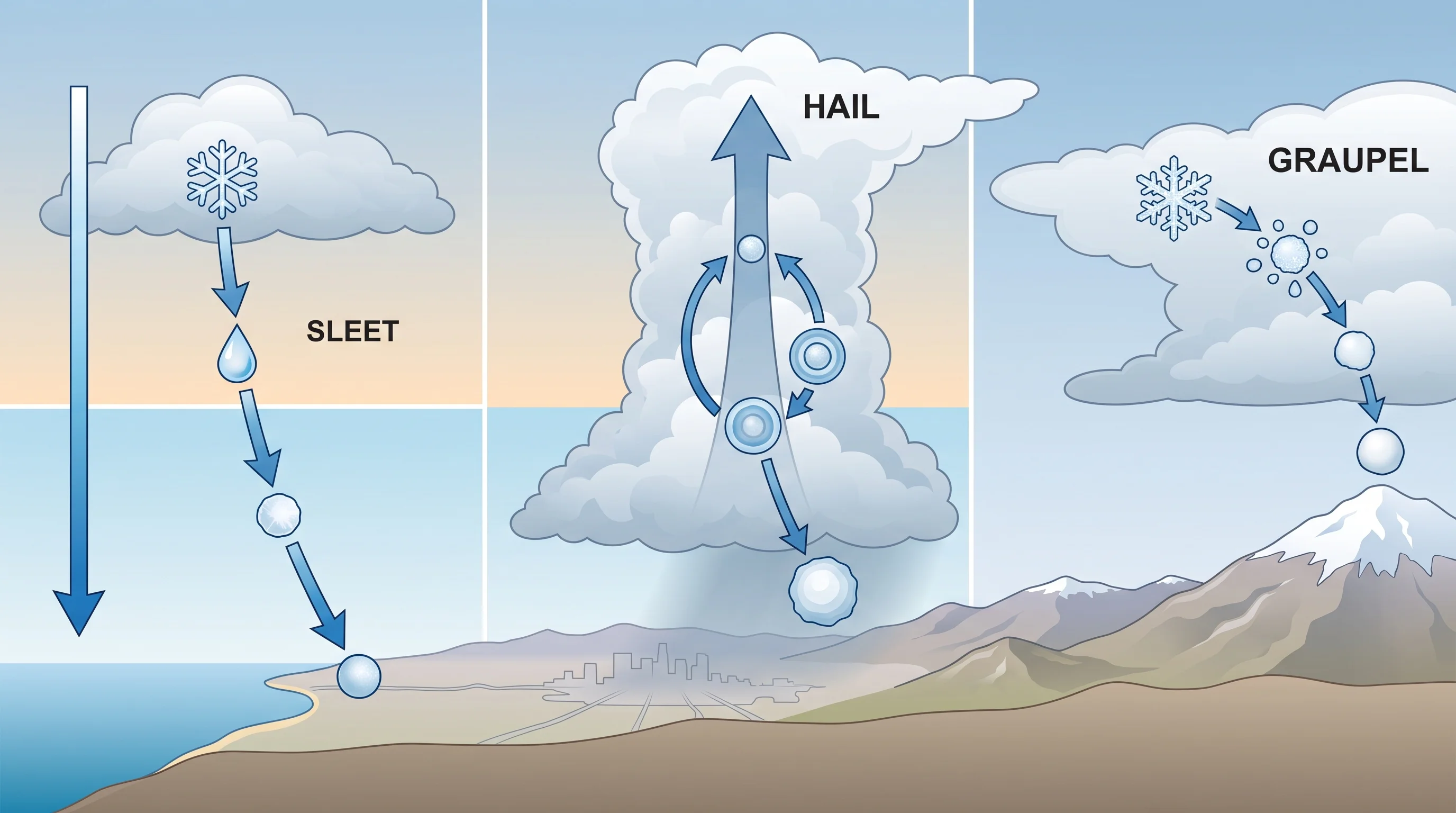 A three-panel cloud-profile diagram showing sleet refreezing through warm and cold layers, hail cycling through a thunderstorm updraft, and a snow crystal collecting rime into graupel