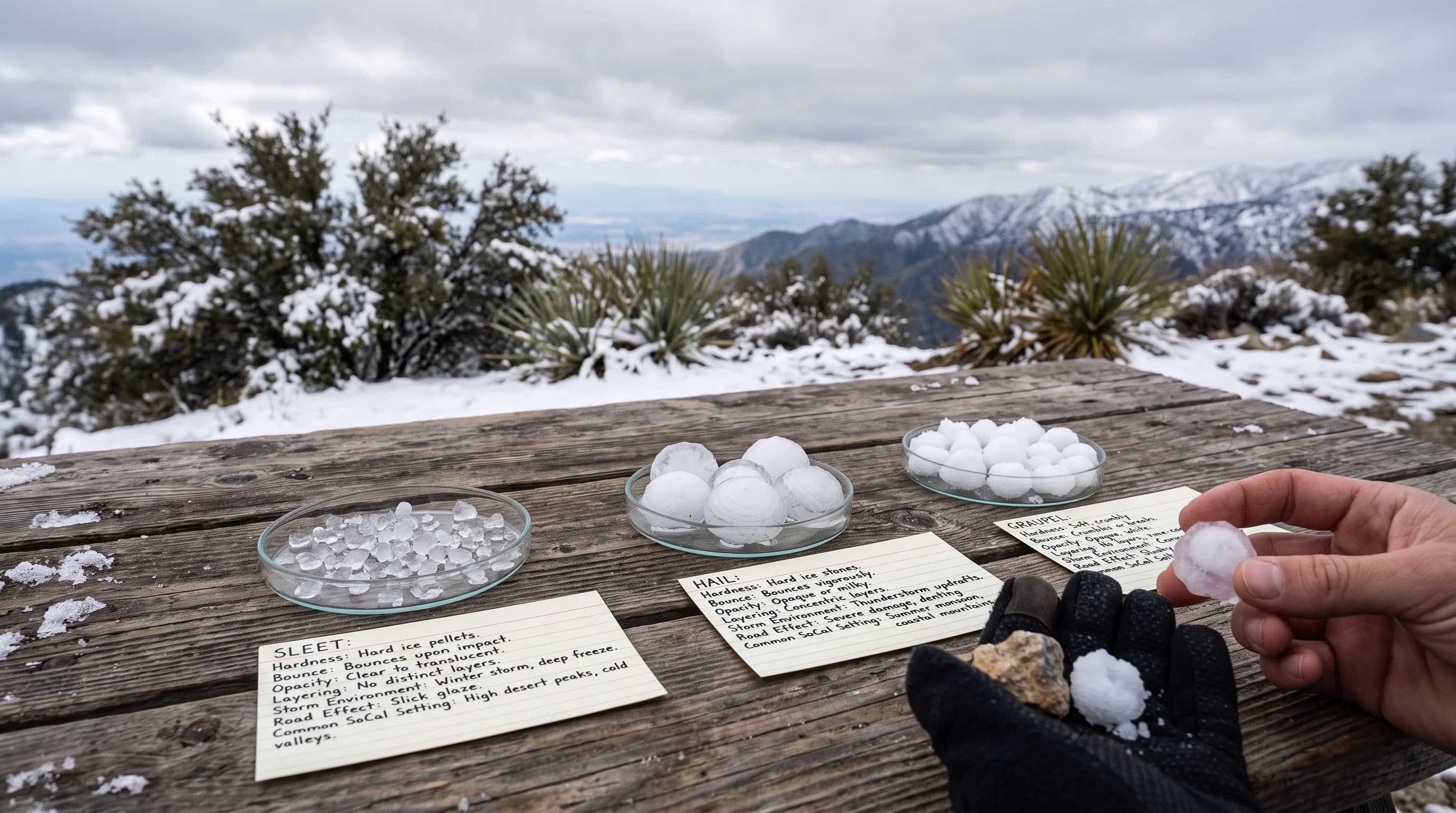 A field-identification table comparing hardness, bounce, opacity, layering, storm environment, road effect, and common Southern California setting for sleet, hail, and graupel
