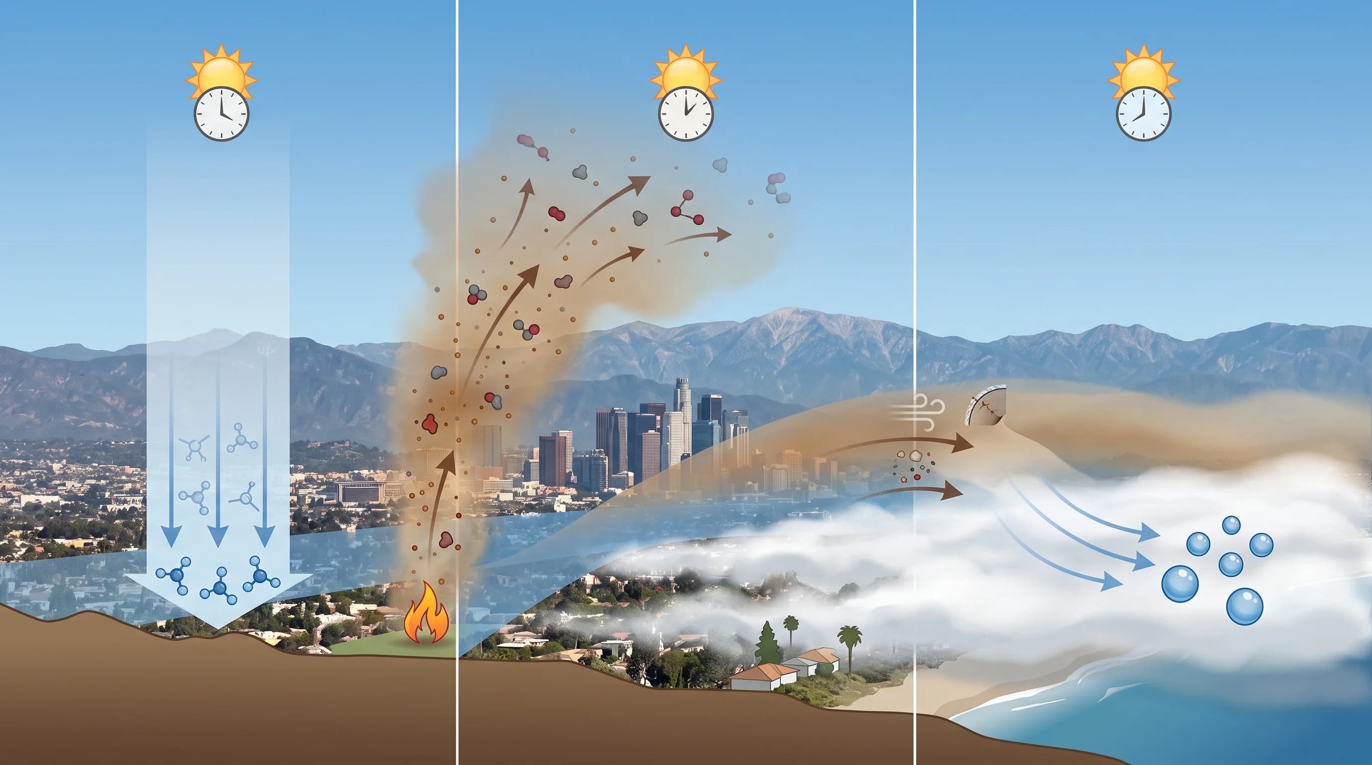 A composition graphic comparing invisible ground-level ozone chemistry on the left, wildfire smoke particles and gases in the middle, and fog water droplets on the right, with a shaded overlap zone showing how layered air can combine all three over the Los Angeles basin