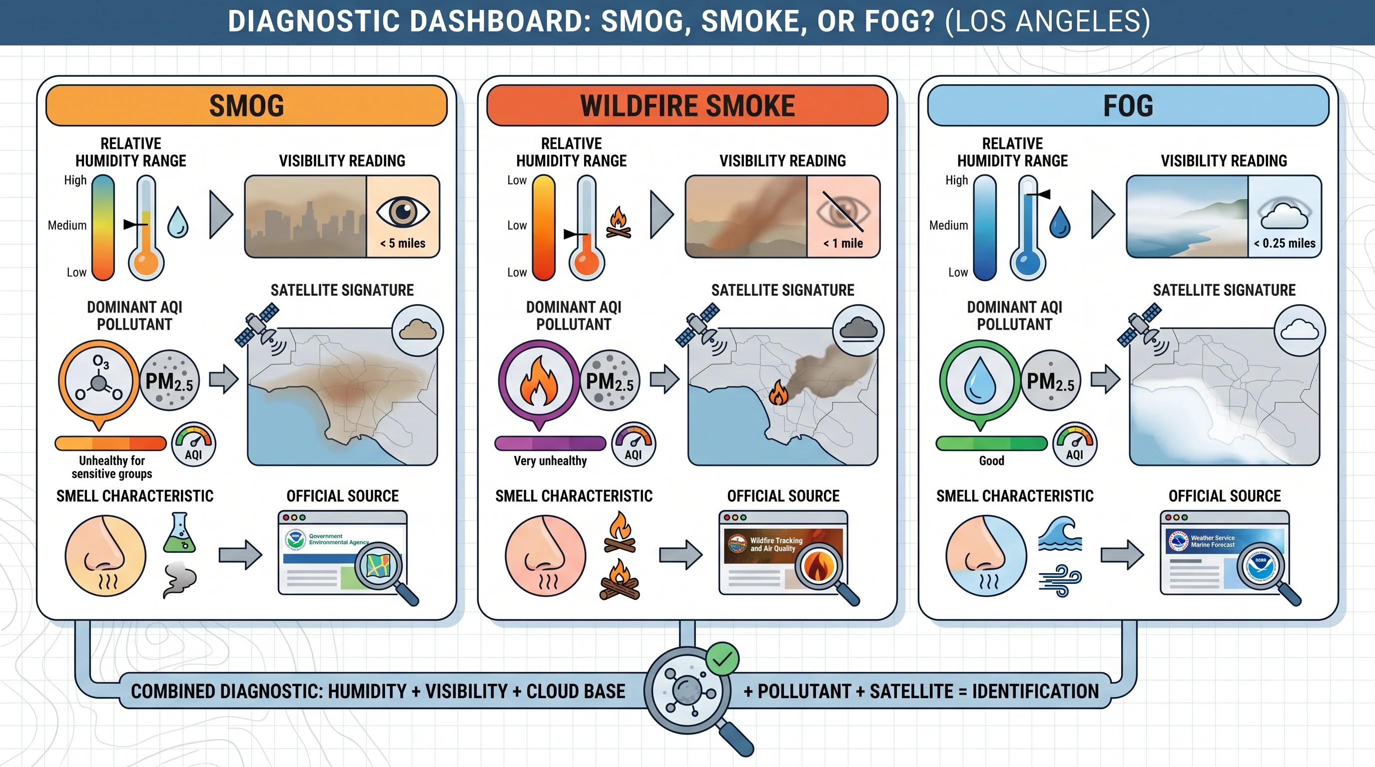 A diagnostic dashboard graphic pairing smog, wildfire smoke, and fog each with its typical relative humidity range, visibility reading, dominant AQI pollutant, satellite signature, smell characteristic, and the official source to check for confirmation