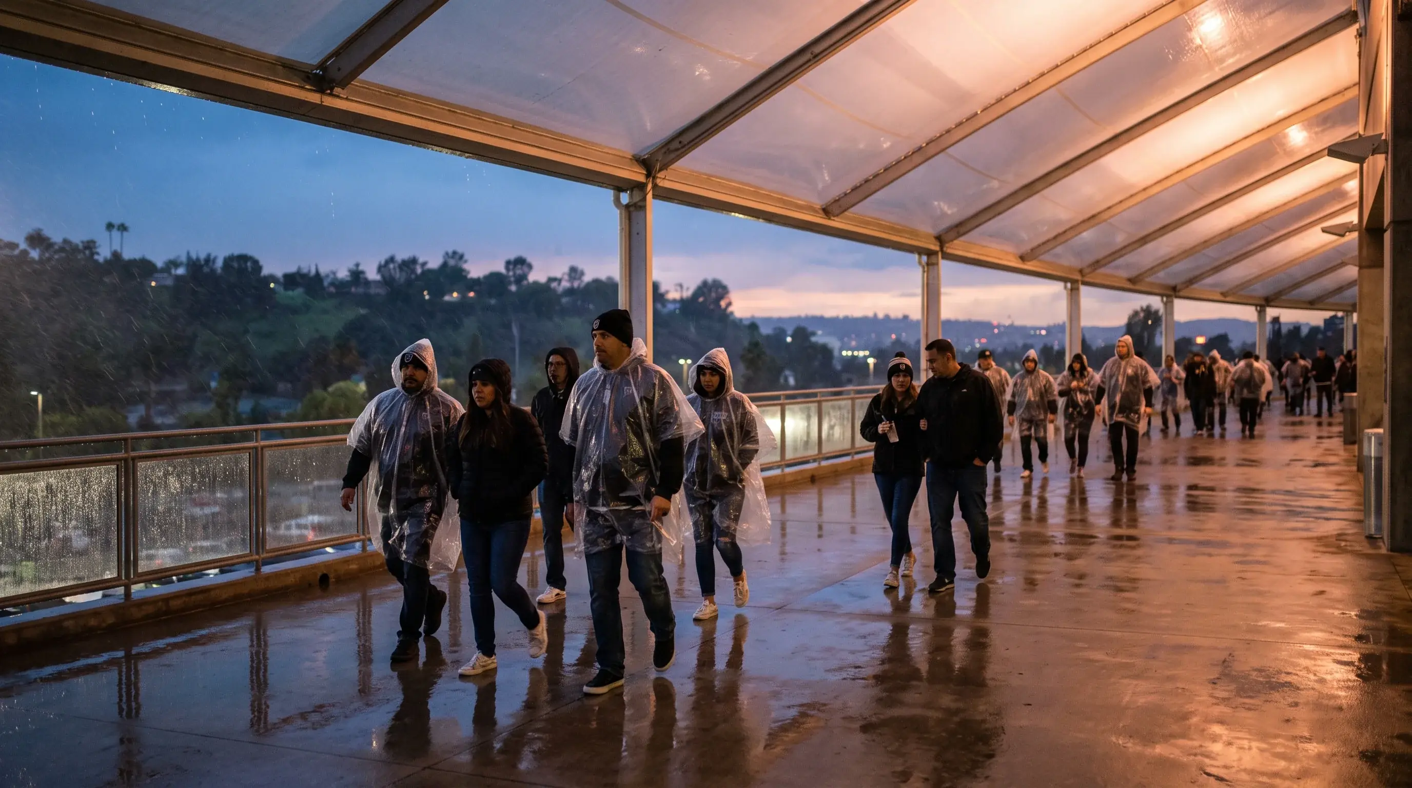 Fans in rain ponchos on an open-sided stadium concourse at dusk as wind blows light rain under a translucent roof