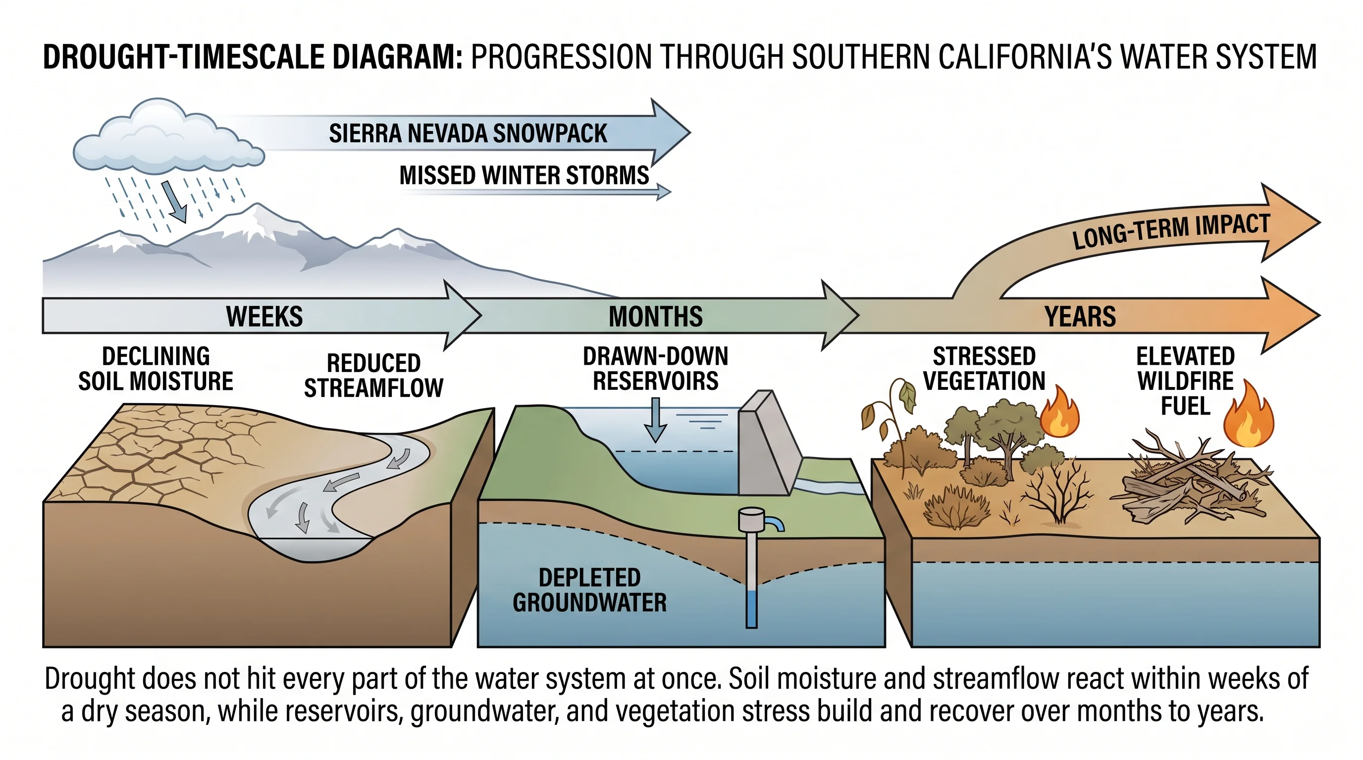 A drought-timescale diagram showing the progression from a season of missed winter storms through declining soil moisture, reduced streamflow, shrinking Sierra Nevada snowpack, drawn-down reservoirs, depleted groundwater, stressed vegetation, and elevated wildfire fuel conditions