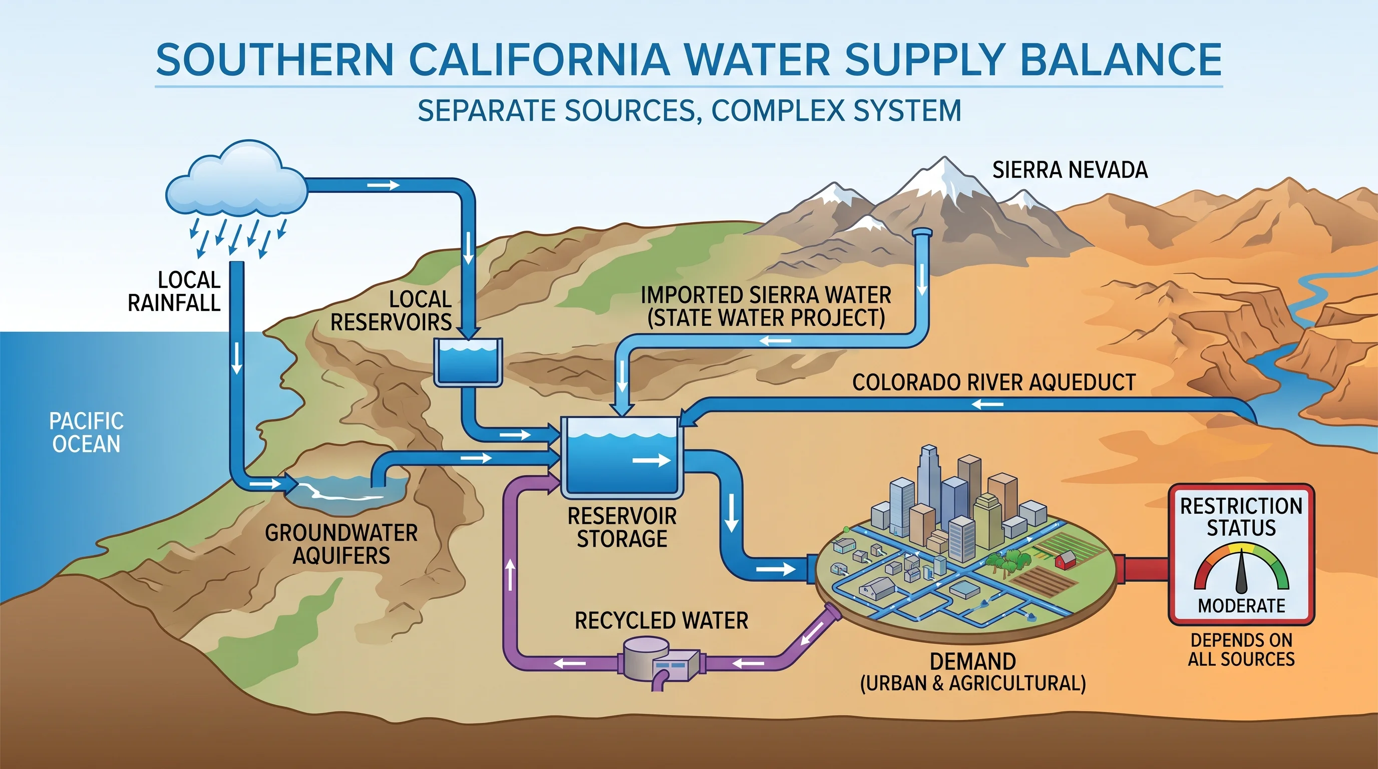 A regional water supply balance graphic for Southern California separating local rainfall, imported Sierra Nevada water, Colorado River Aqueduct deliveries, groundwater, recycled water, reservoir storage, demand, and restriction status as distinct labeled components