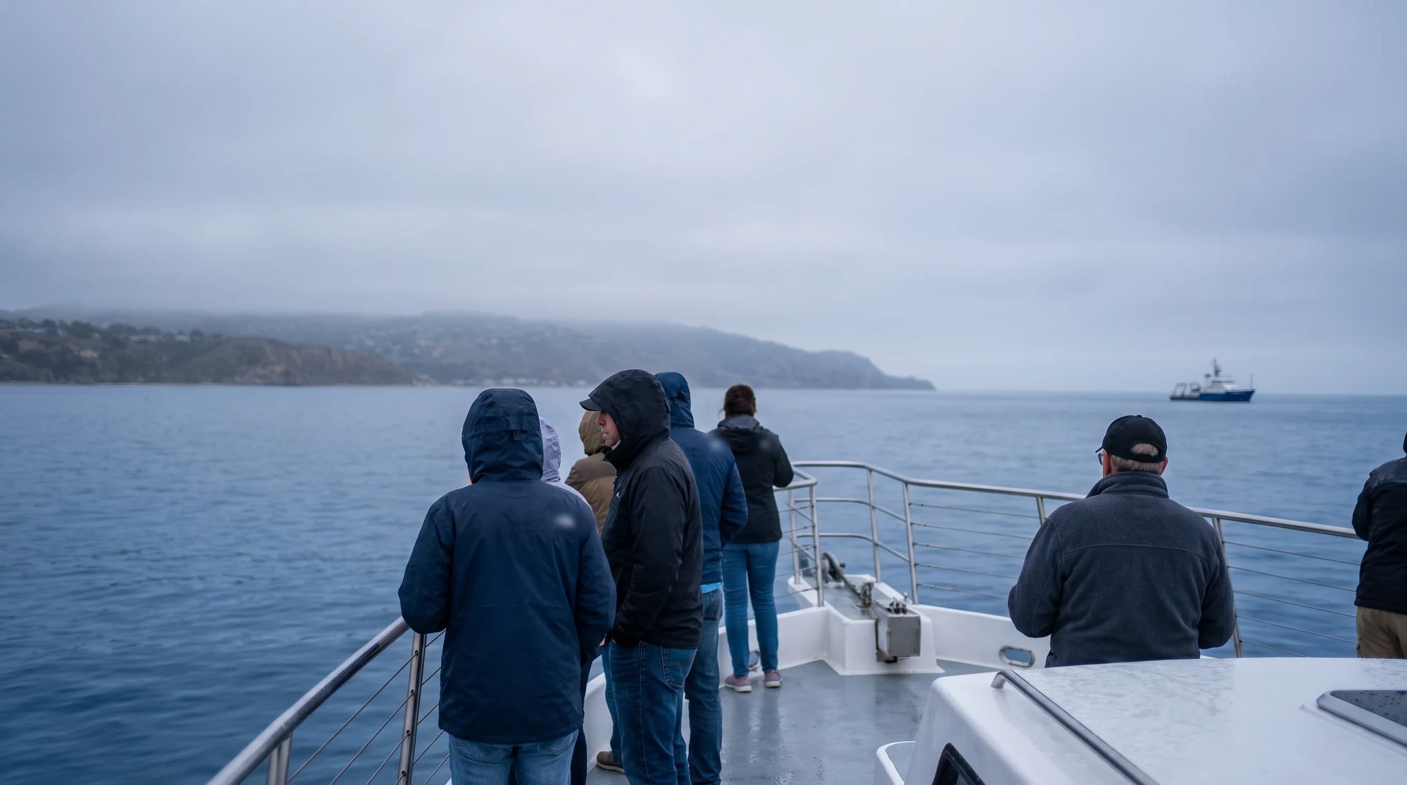 Passengers in jackets on the bow of a whale-watching boat under a gray marine-layer sky