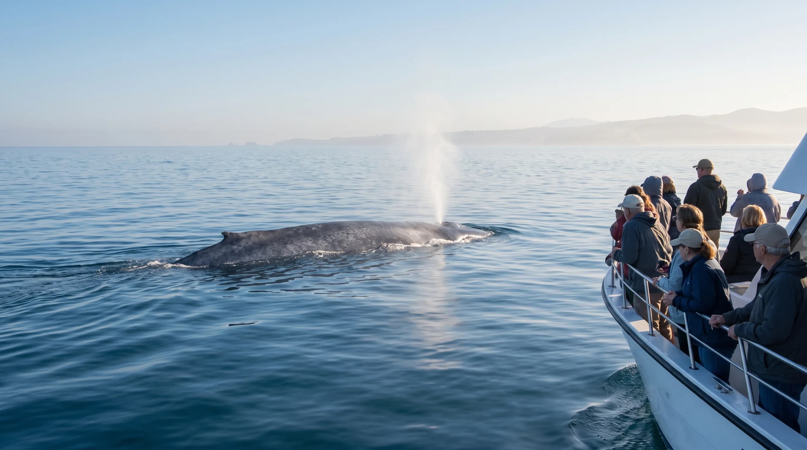 A blue whale surfacing near a whale-watching boat on a calm, clear summer morning