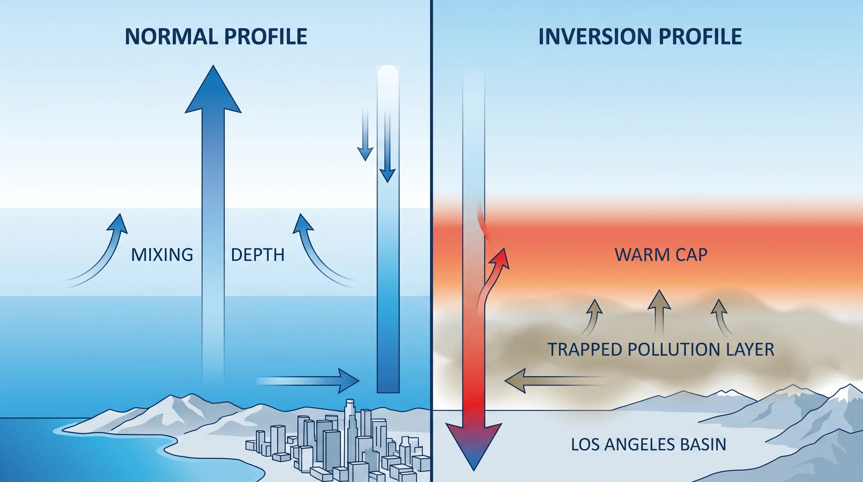 A vertical temperature-sounding diagram contrasting a normal profile that cools with height against an inverted profile that warms with height, labeling the trapped pollution layer, mixing depth, and warm cap above