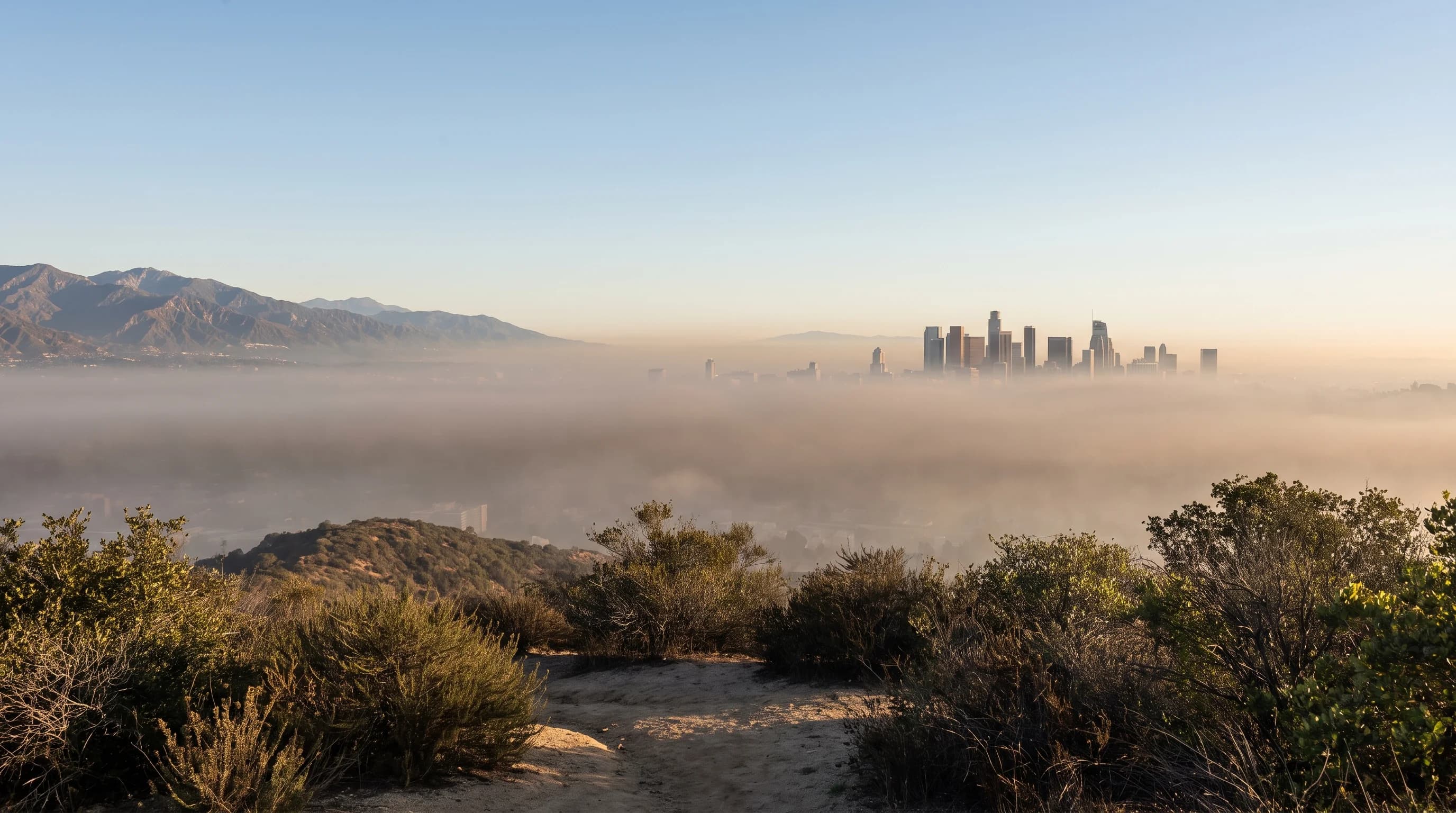 Day-in-the-basin sequence showing overnight surface cooling and inversion formation, morning fog and pollution trapping, afternoon sea-breeze transport inland, and where the inversion cap tends to persist longest