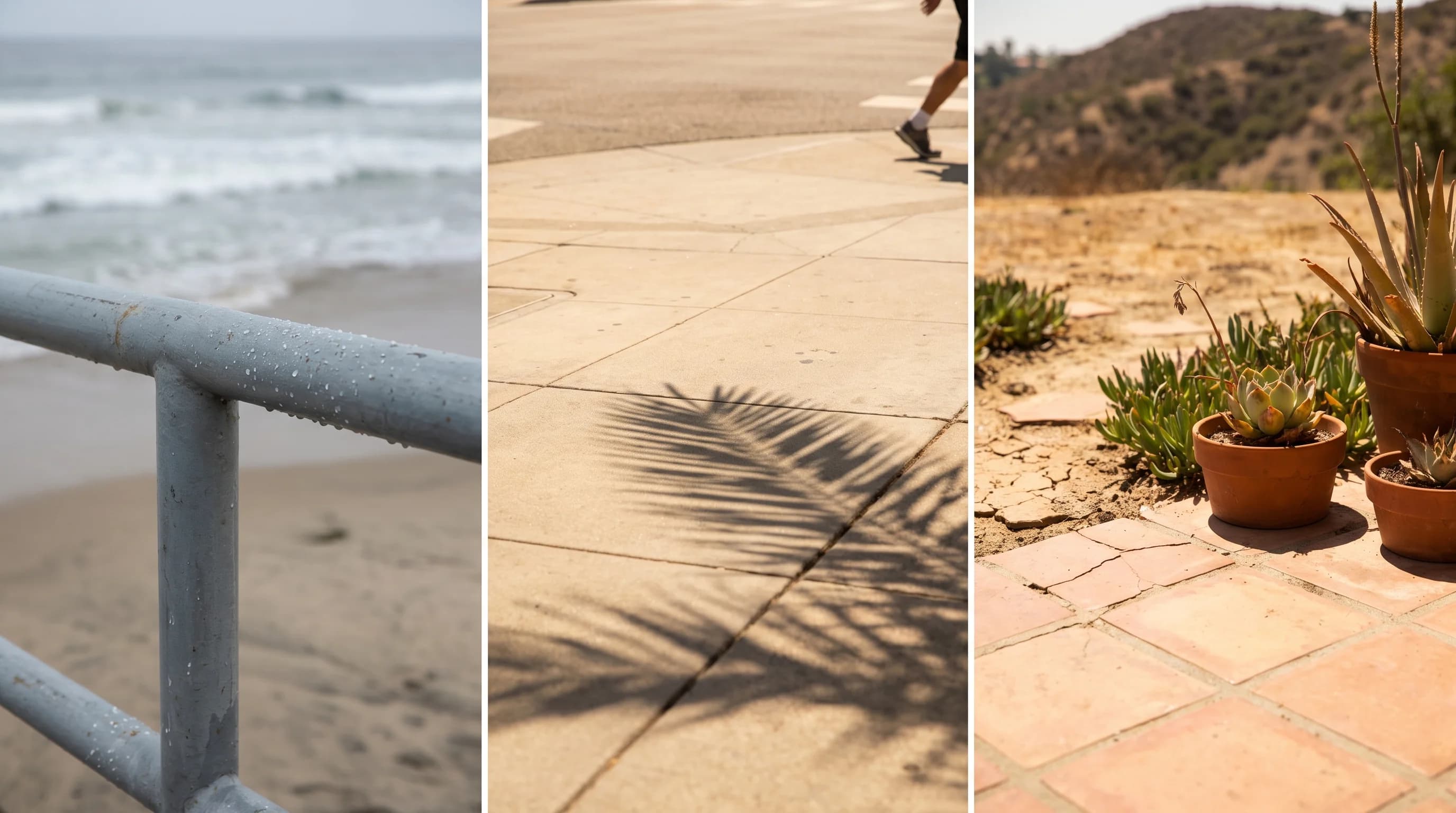 A late-summer Los Angeles scene contrasting a mild, marine-layer-cooled beach with a hot, sunbaked basin street and a much hotter inland valley on the same afternoon