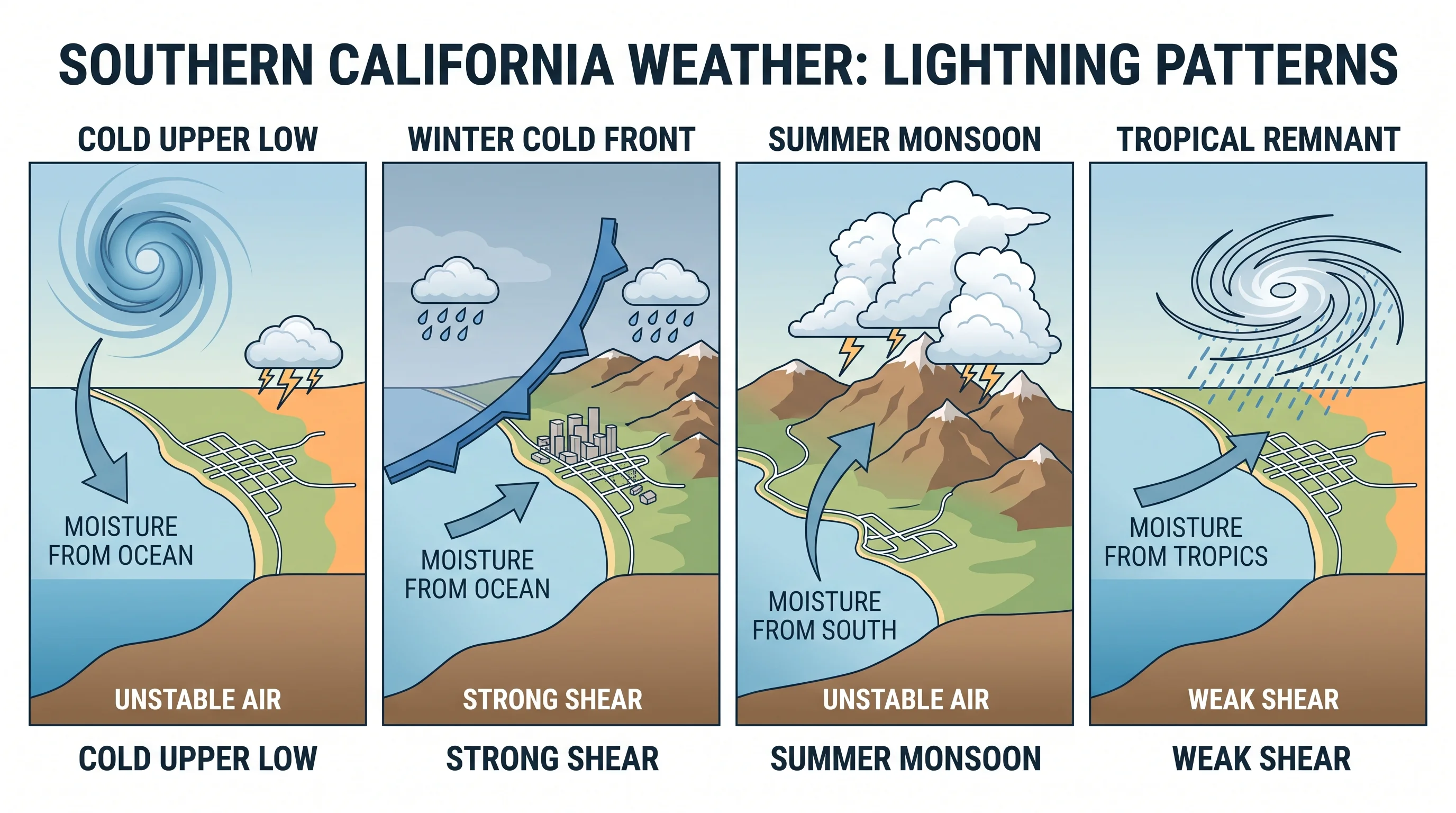 Side-by-side illustration comparing a cold upper low, a winter cold front, a summer monsoon cell building over mountain terrain, and a decaying tropical remnant, each labeled with its moisture source, instability, and typical wind shear