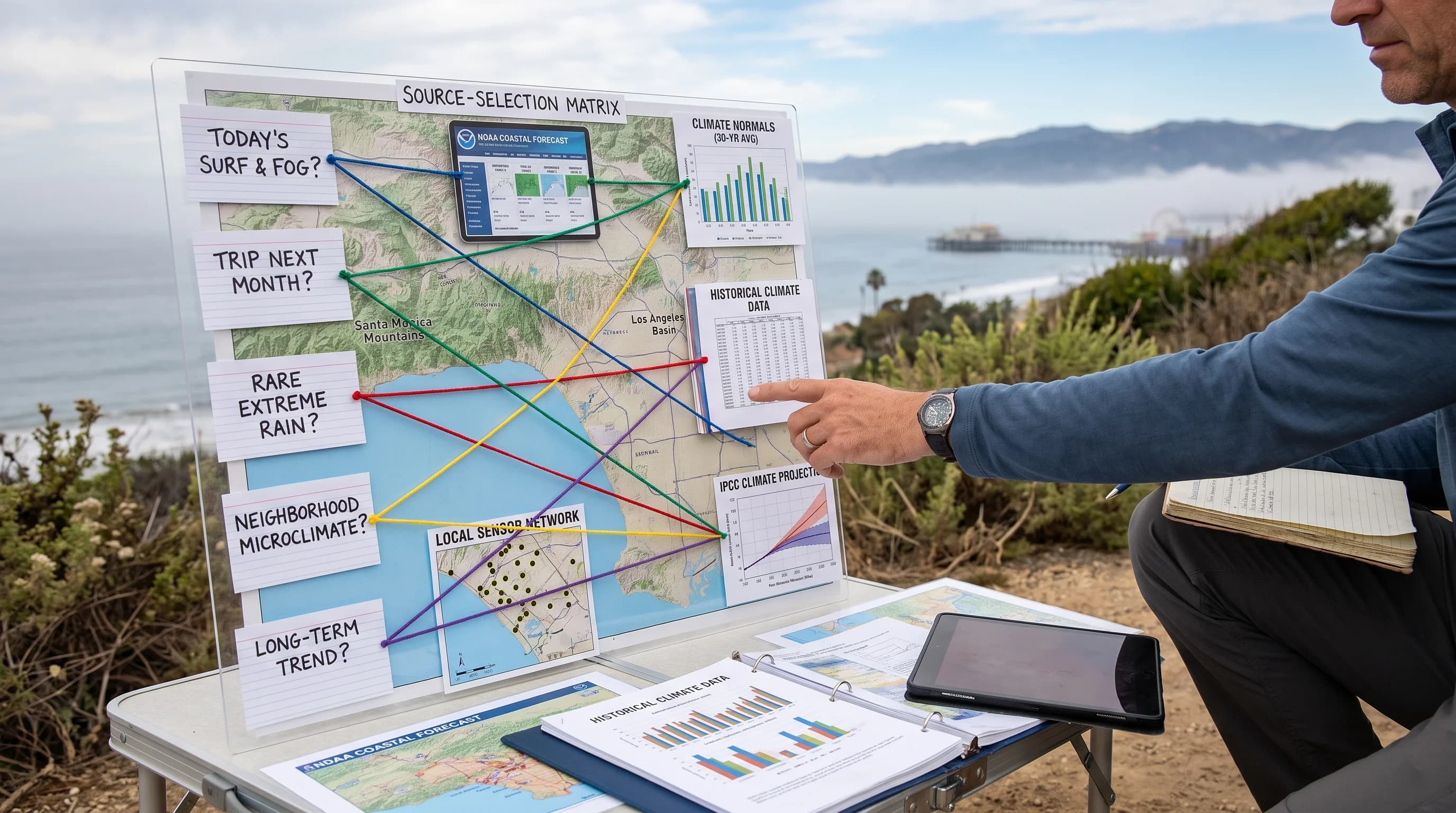 A source-selection matrix matching reader questions about today, a trip next month, a rare extreme event, a neighborhood microclimate, and a long-term trend to the correct forecast, normals, or climate dataset