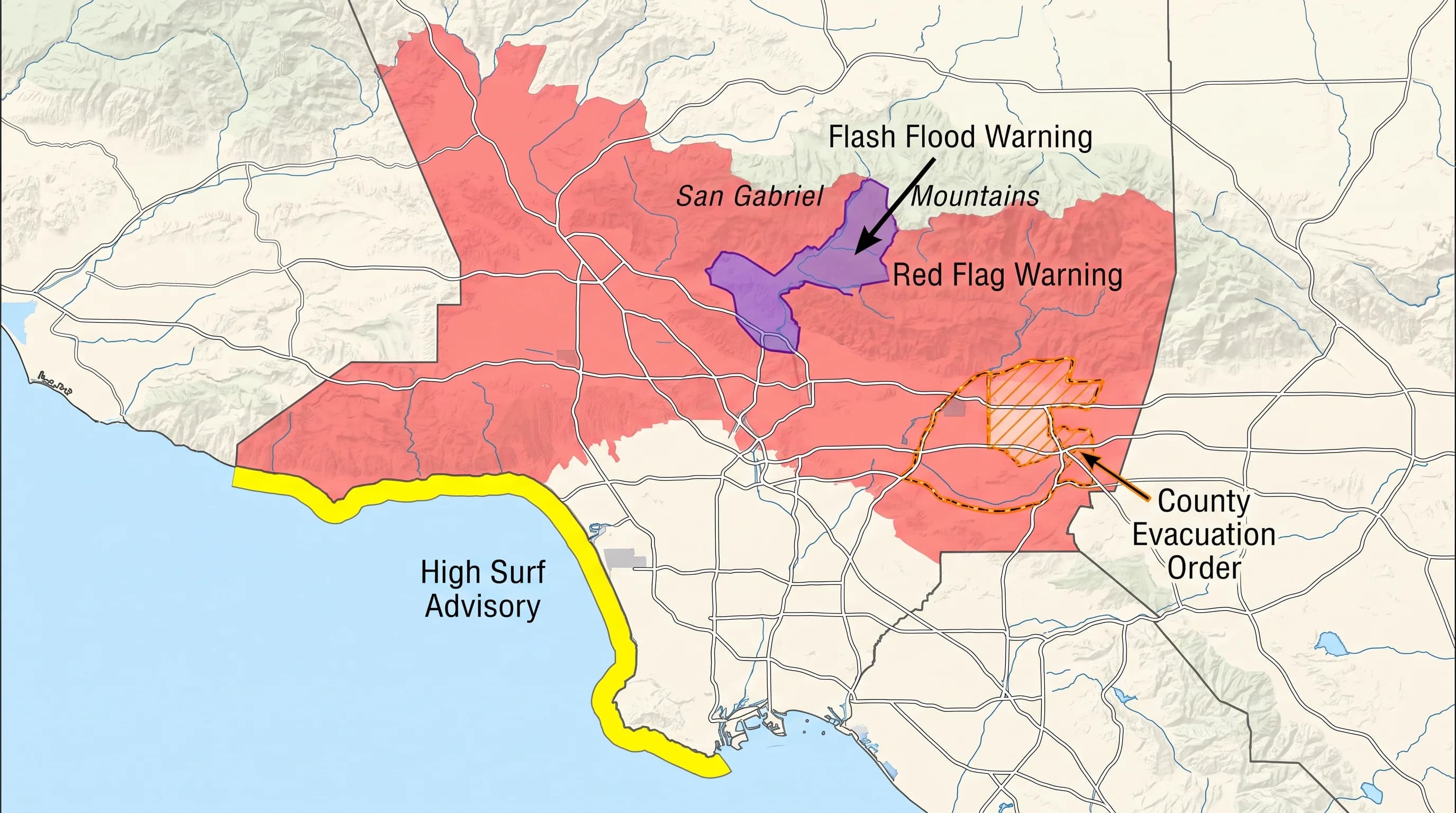 A Los Angeles County alert map comparing a zone-based Red Flag Warning over the foothills, a polygon-shaped Flash Flood Warning over a specific canyon and drainage, a coastal High Surf Advisory strip, and a separate county evacuation order boundary shown as a distinct layer
