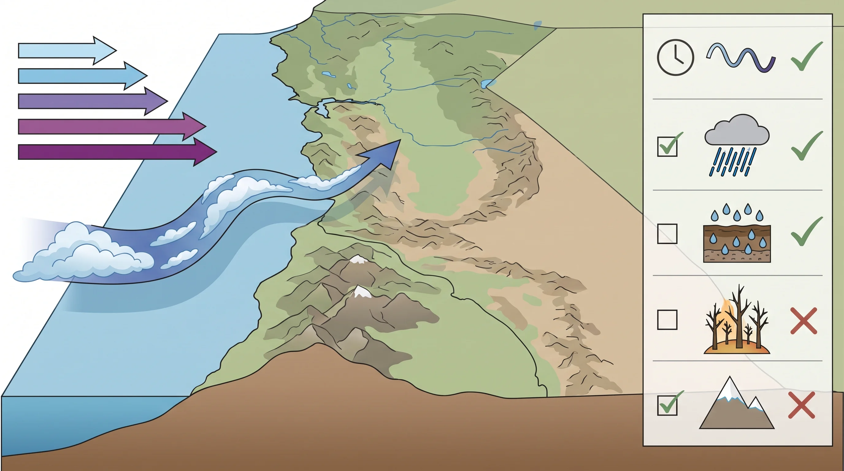 Reference graphic showing the AR 1 through AR 5 atmospheric river scale next to a checklist of local Southern California impact factors including duration, rain rate, soil saturation, burn scars, and snow level