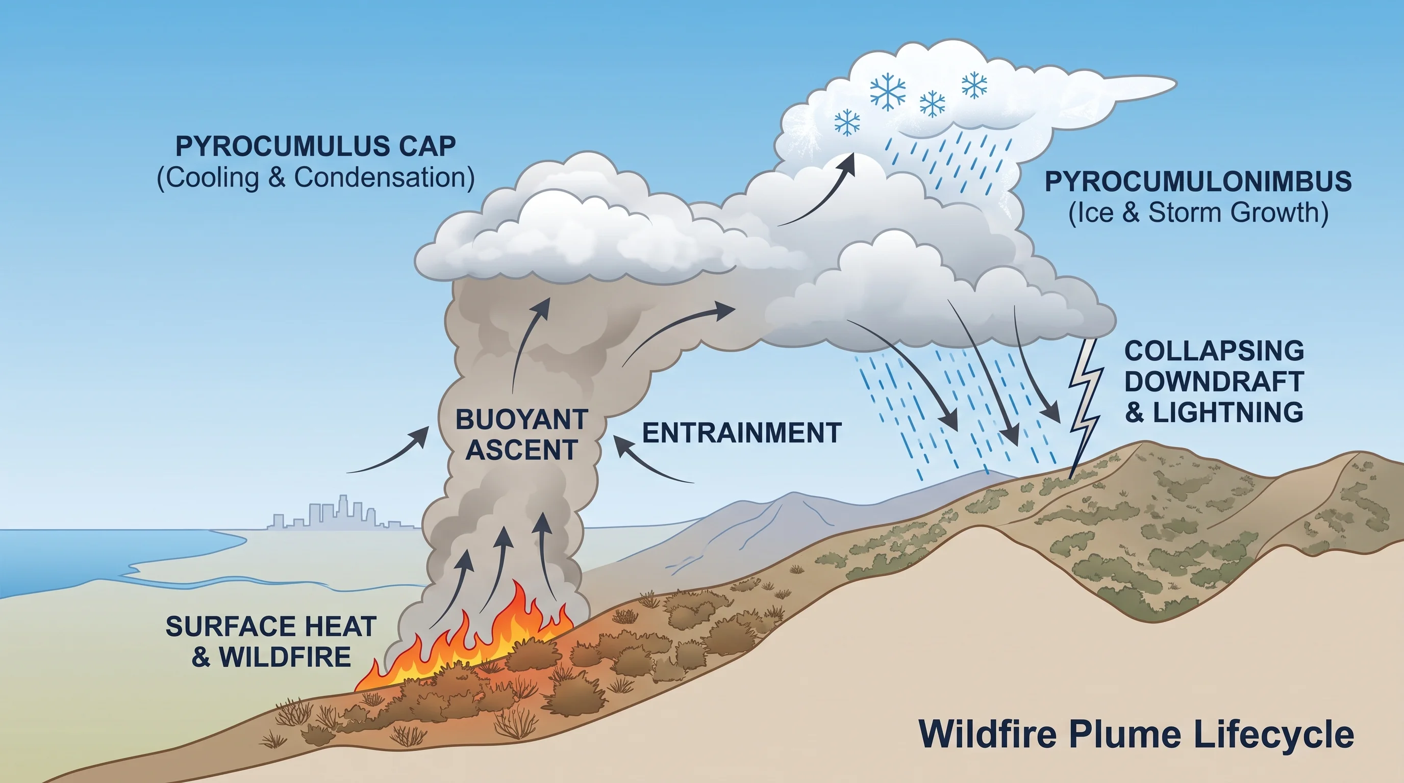 A labeled fire-plume lifecycle diagram showing surface heat rising from a wildfire, buoyant ascent of the smoke column, entrainment of surrounding air, cooling and condensation forming a pyrocumulus cap, further growth and ice formation into a pyrocumulonimbus, and a collapsing downdraft with lightning at the surface